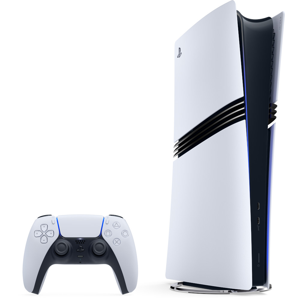 Console et manette PlayStation 5. Console blanche, manette noire, fond blanc.