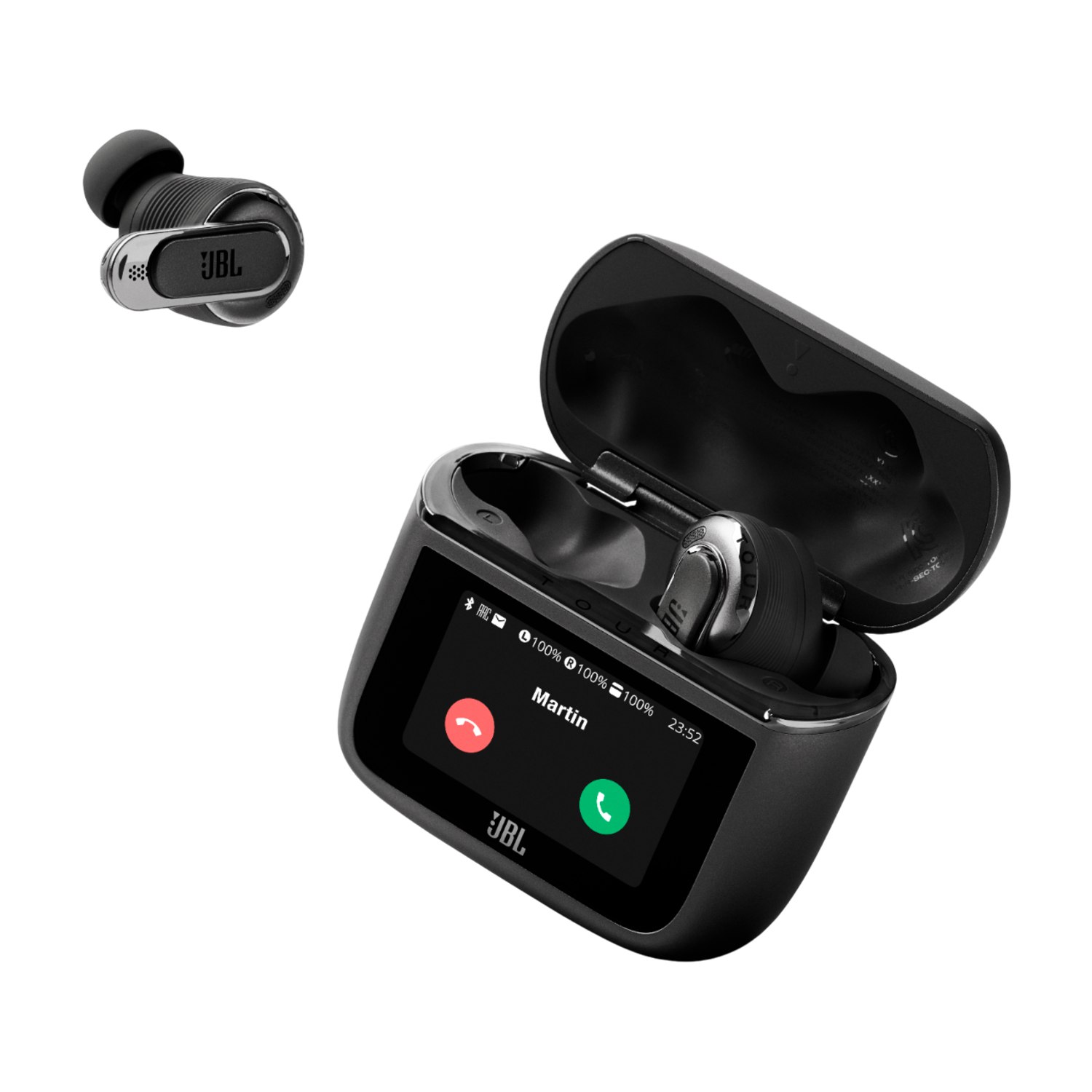 Black JBL wireless earbuds and charging case. The case shows a call screen.