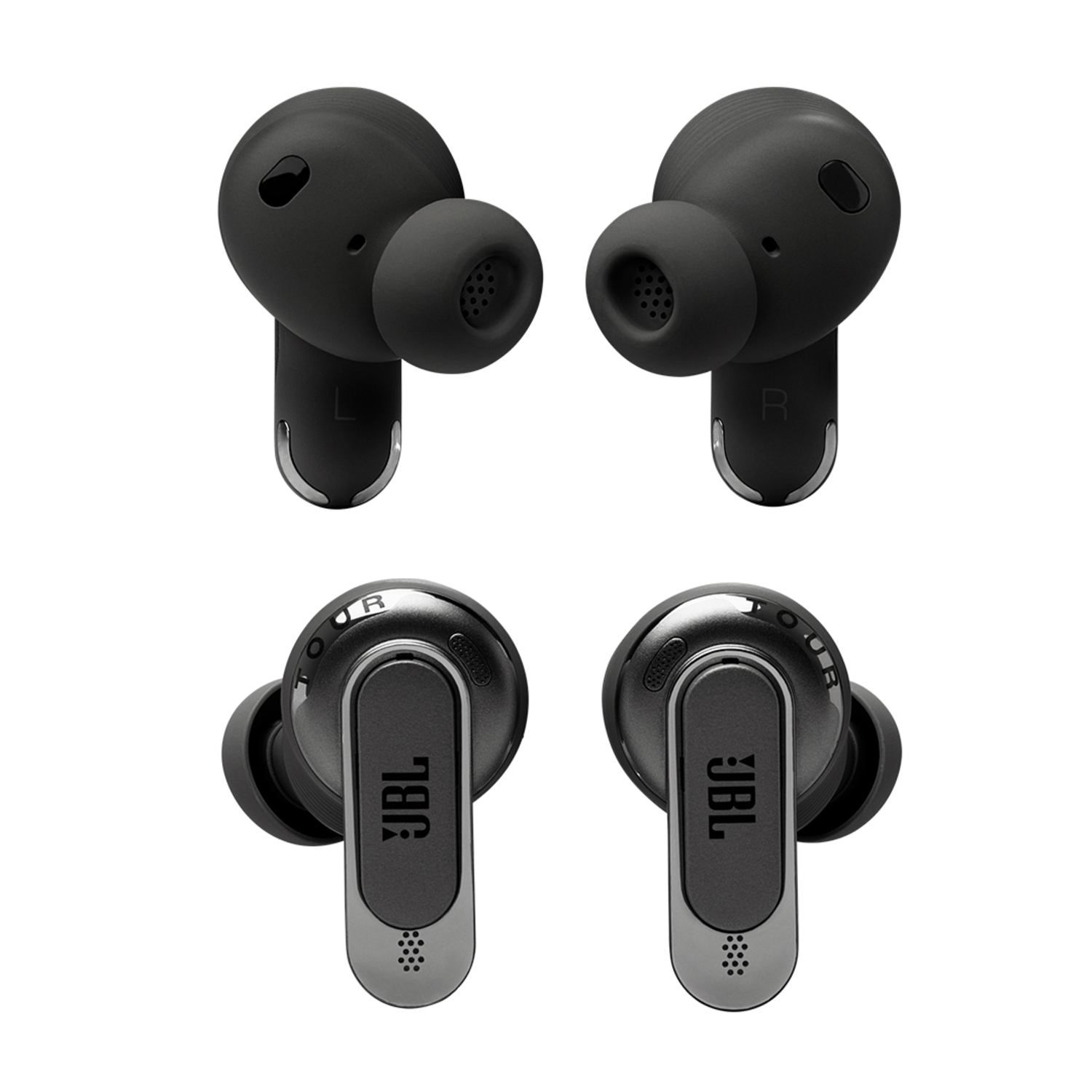 Two pairs of black JBL earbuds. One pair in case, another pair separately.