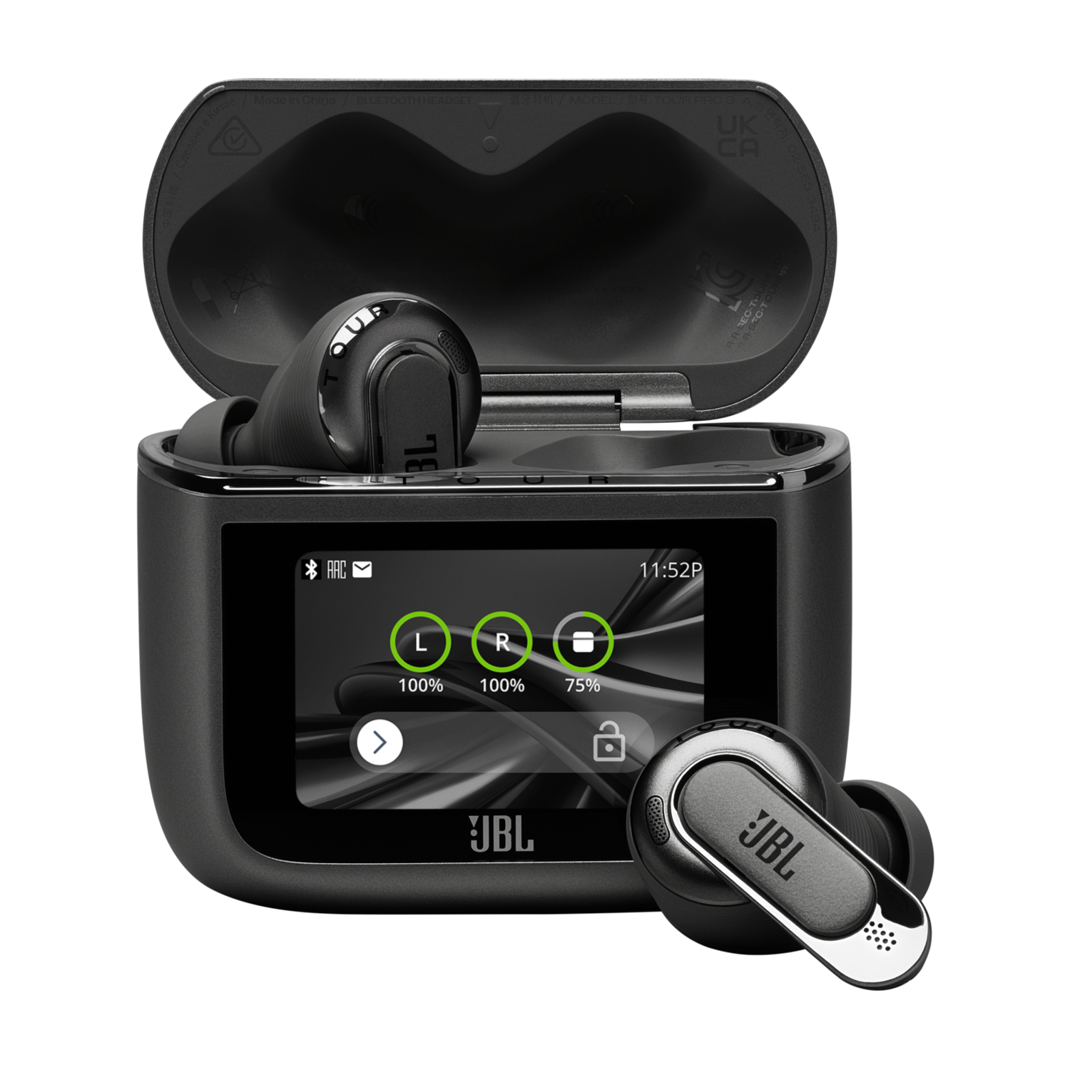 Black JBL earbuds with a screen. A case with a screen shows battery and connections.