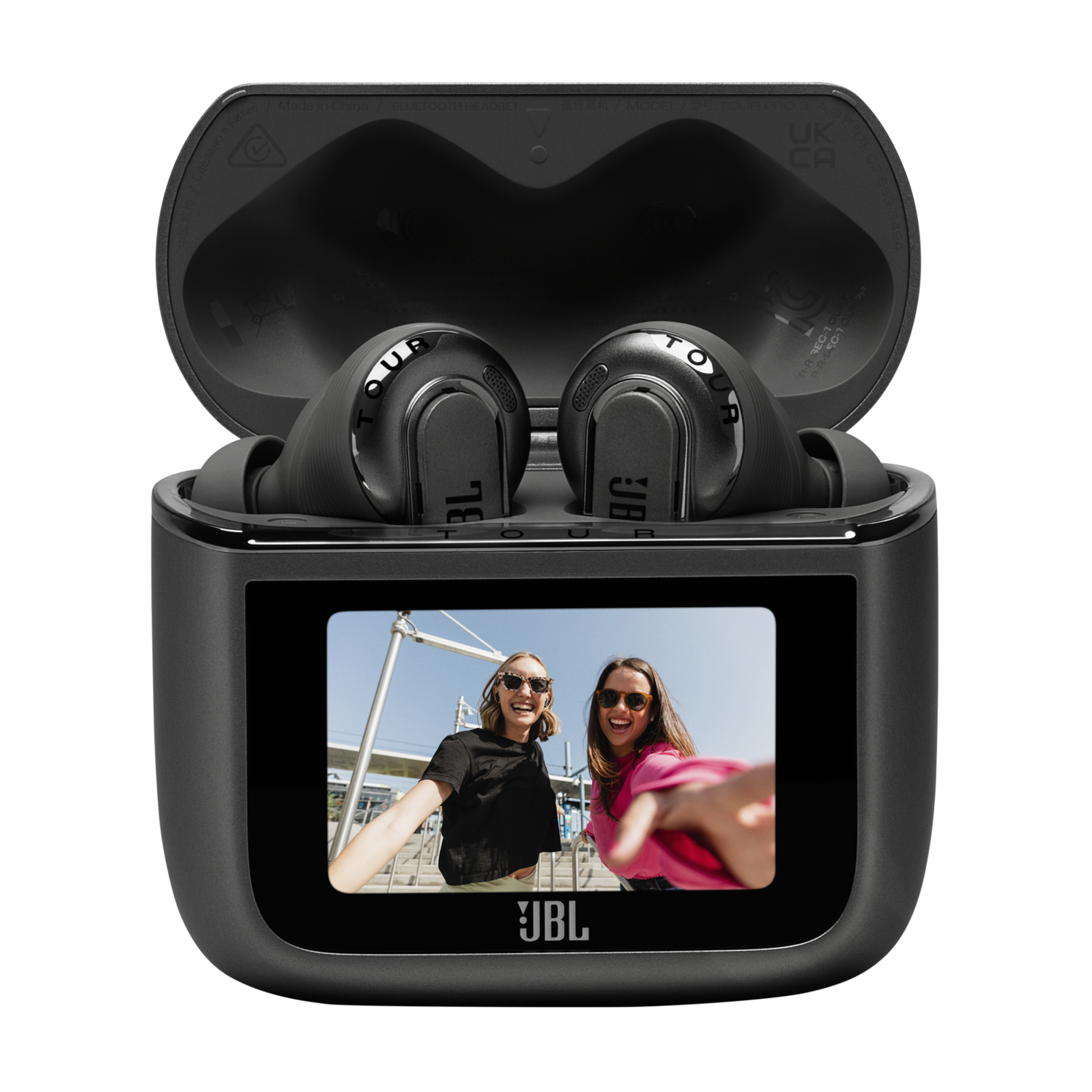 Black earbud case, open, showing two earbuds. A photo of two women is on the case.