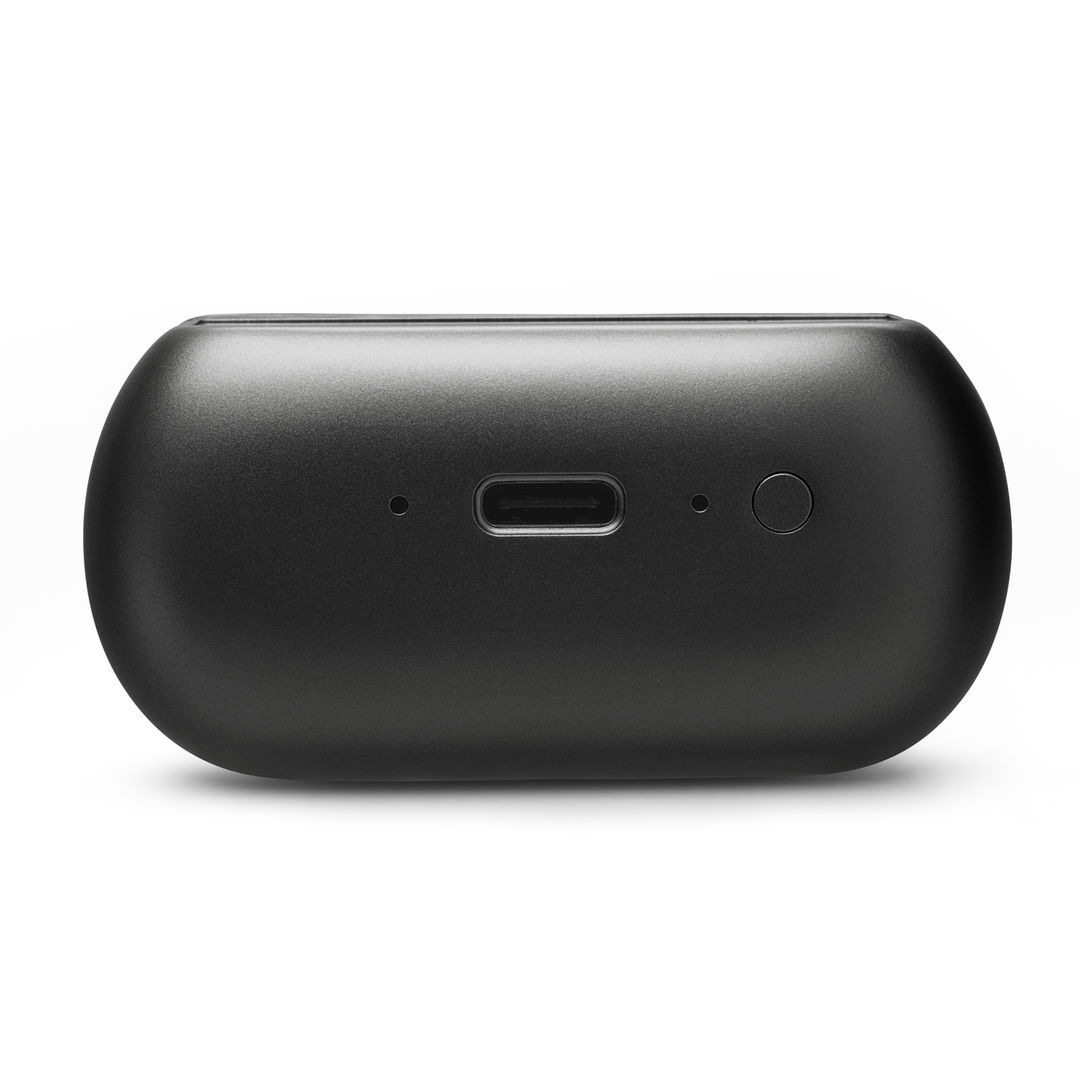 A black, rounded rectangle device. It has a charging port, a button, and a small hole.
