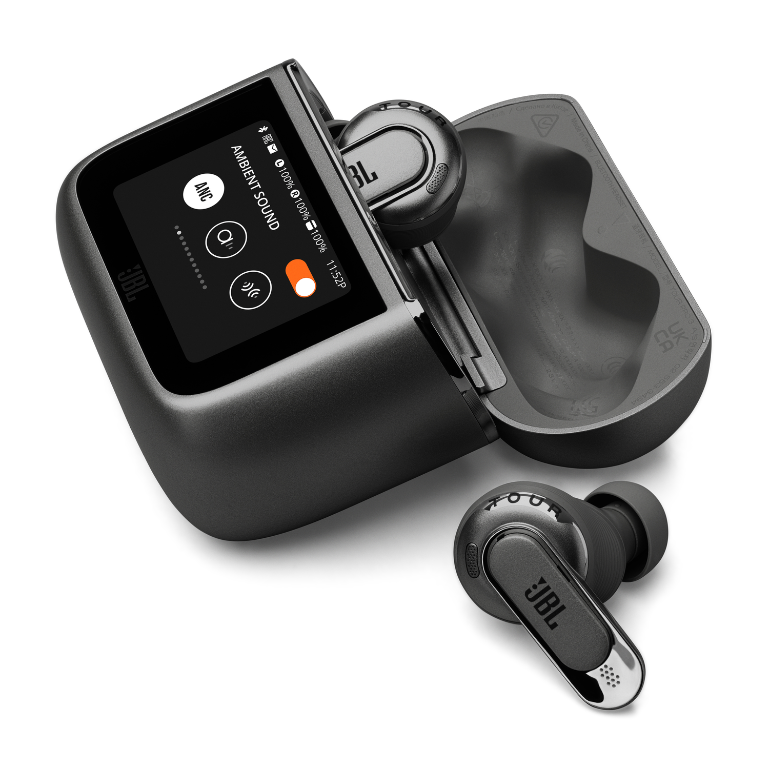 Black JBL earbuds in a charging case, with the case open, showing the screen and buttons.