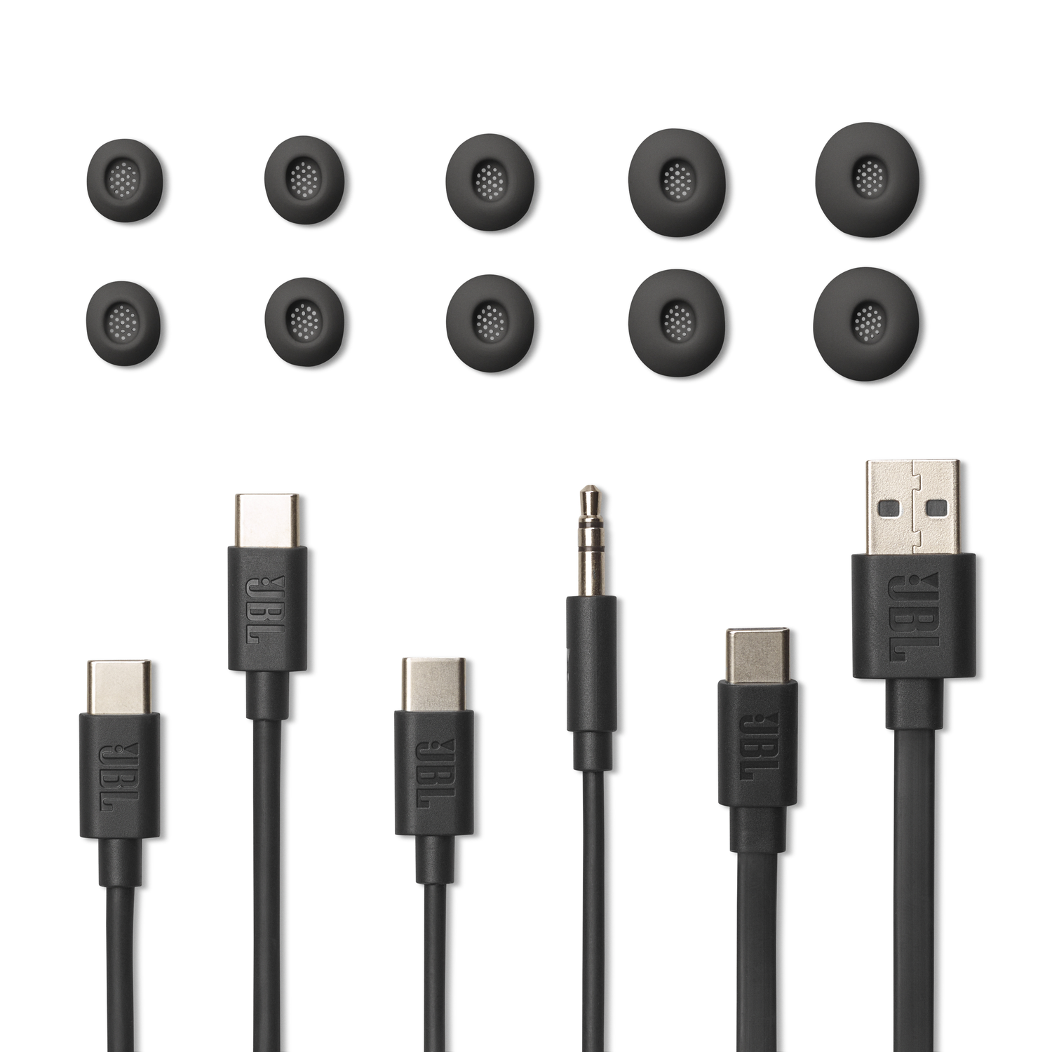 Earphone tips and various charging/audio cables are displayed.