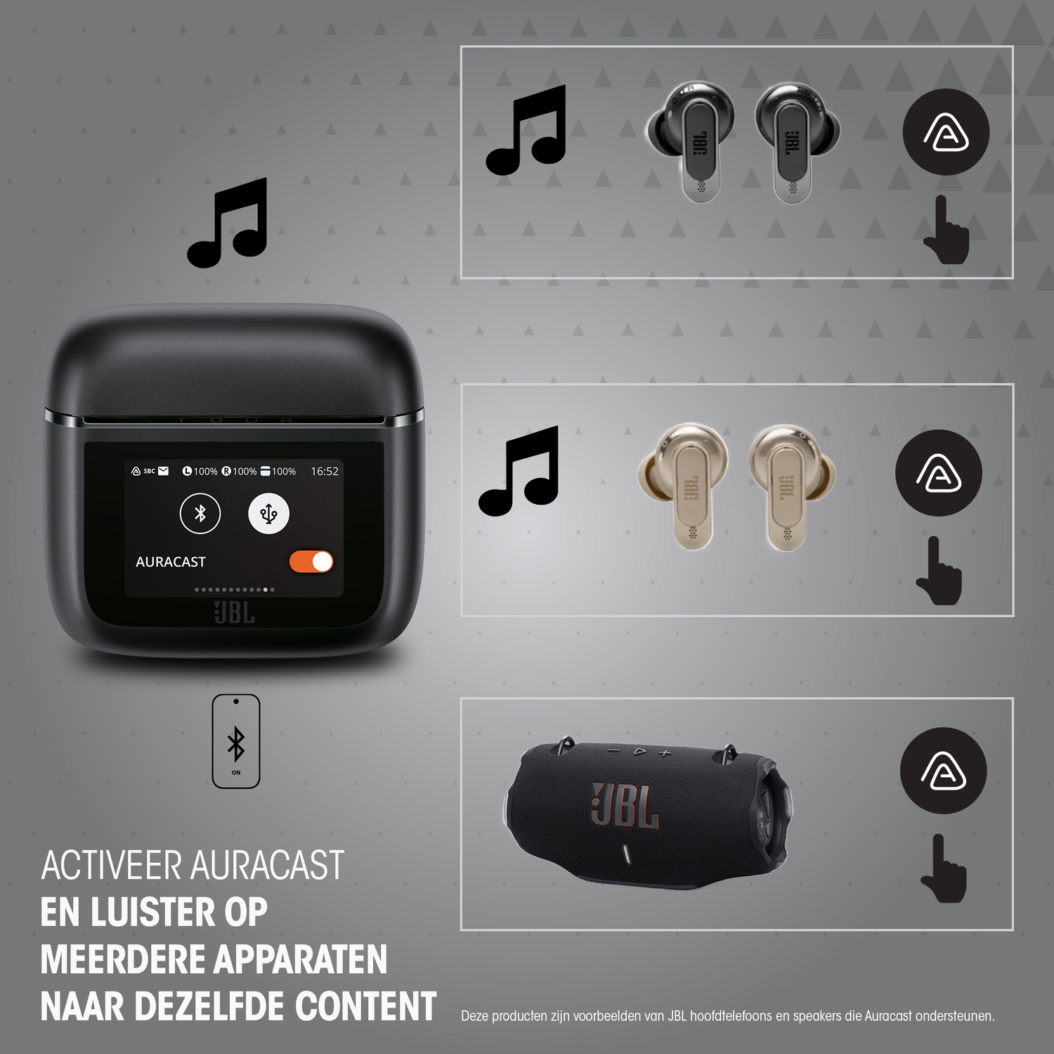 JBL Auracast product display. Various products next to musical notes and a finger icon.