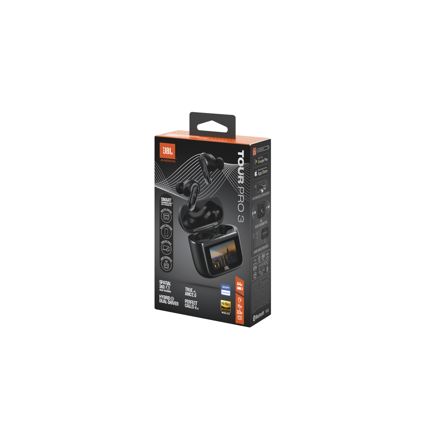 A box of JBL earbuds with the headphones and the charging case visible.