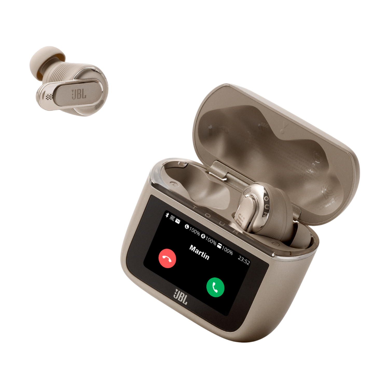 Beige JBL earbuds and charging case. Case open, screen shows a call from Martin. Black background.