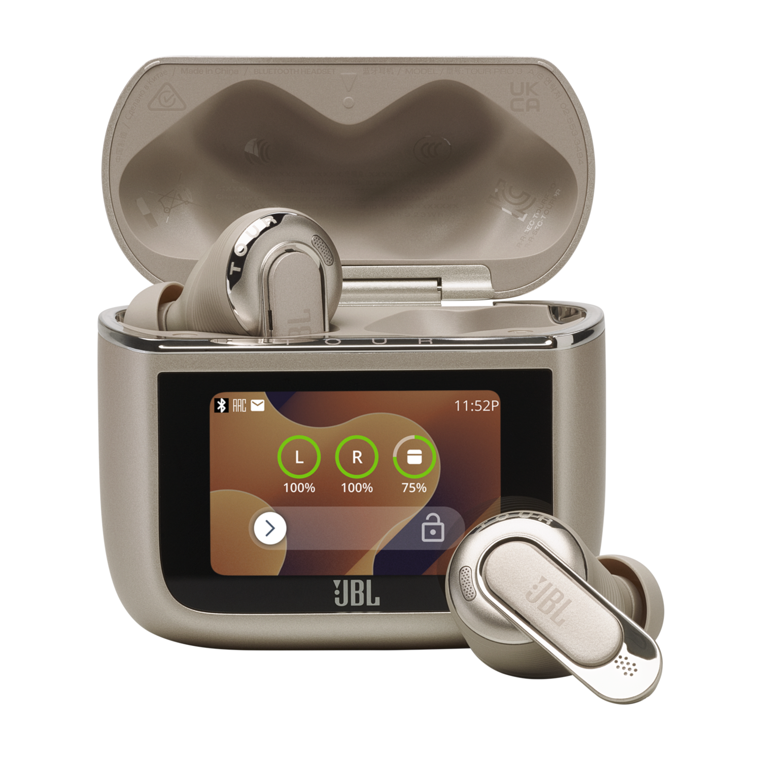 Tan JBL earbuds and case. Case open, screen showing battery and connection status. Earbuds are in case.