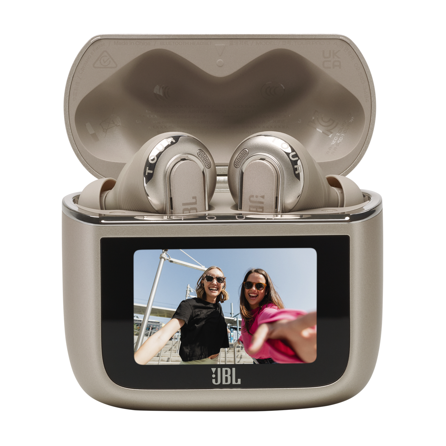 Earbuds in a charging case with a screen showing two women taking a selfie.