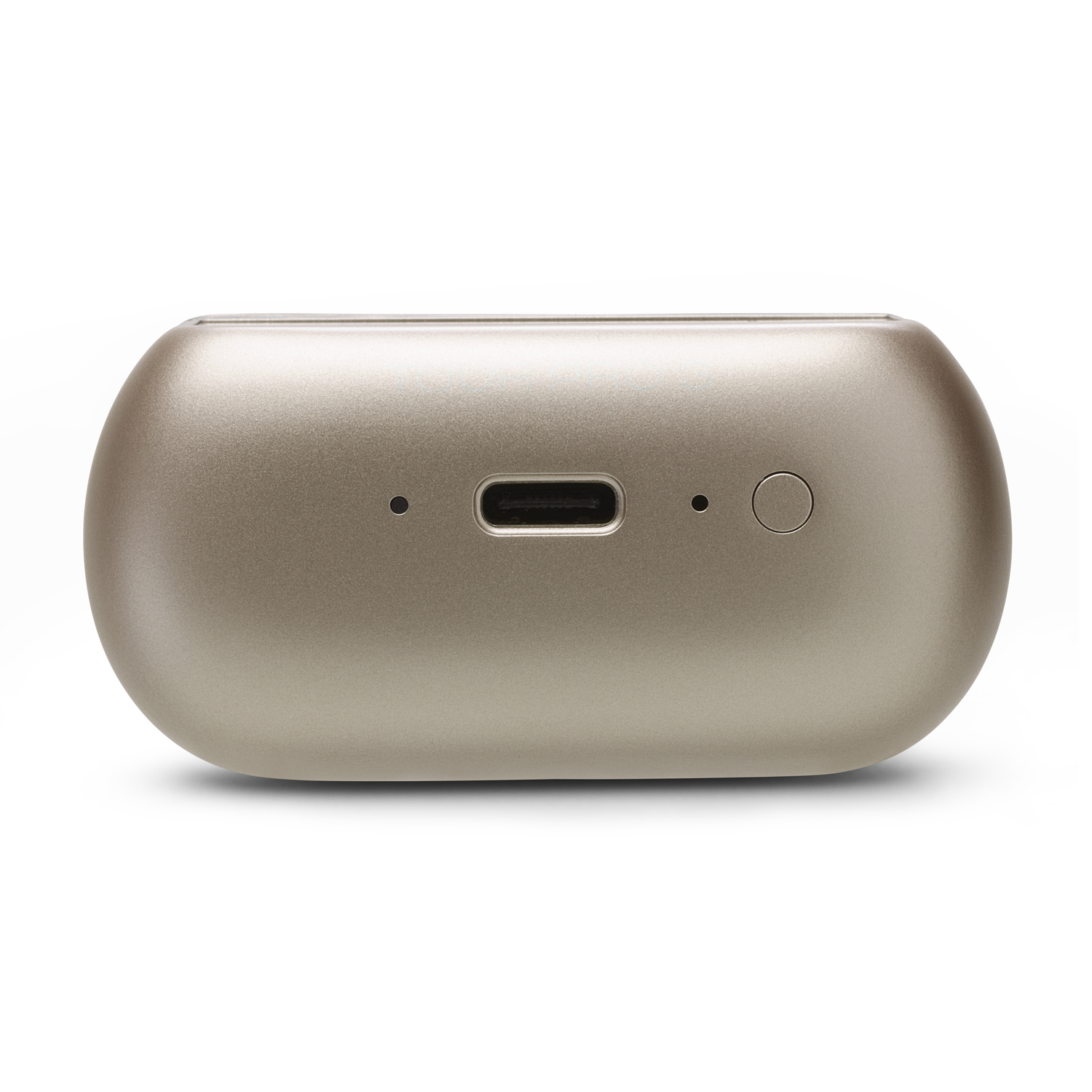 A gold-colored charging case with a charging port and a power button.