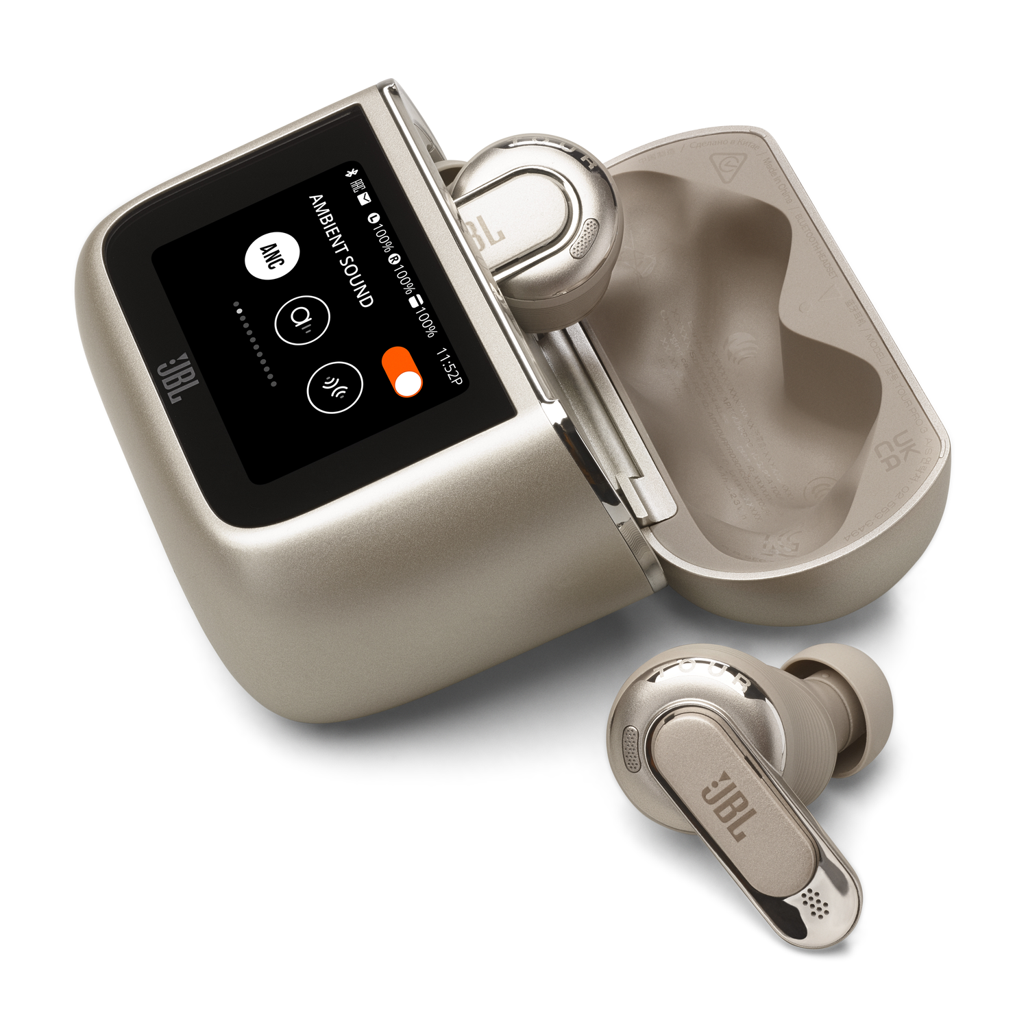 JBL earbuds and charging case on a white surface.