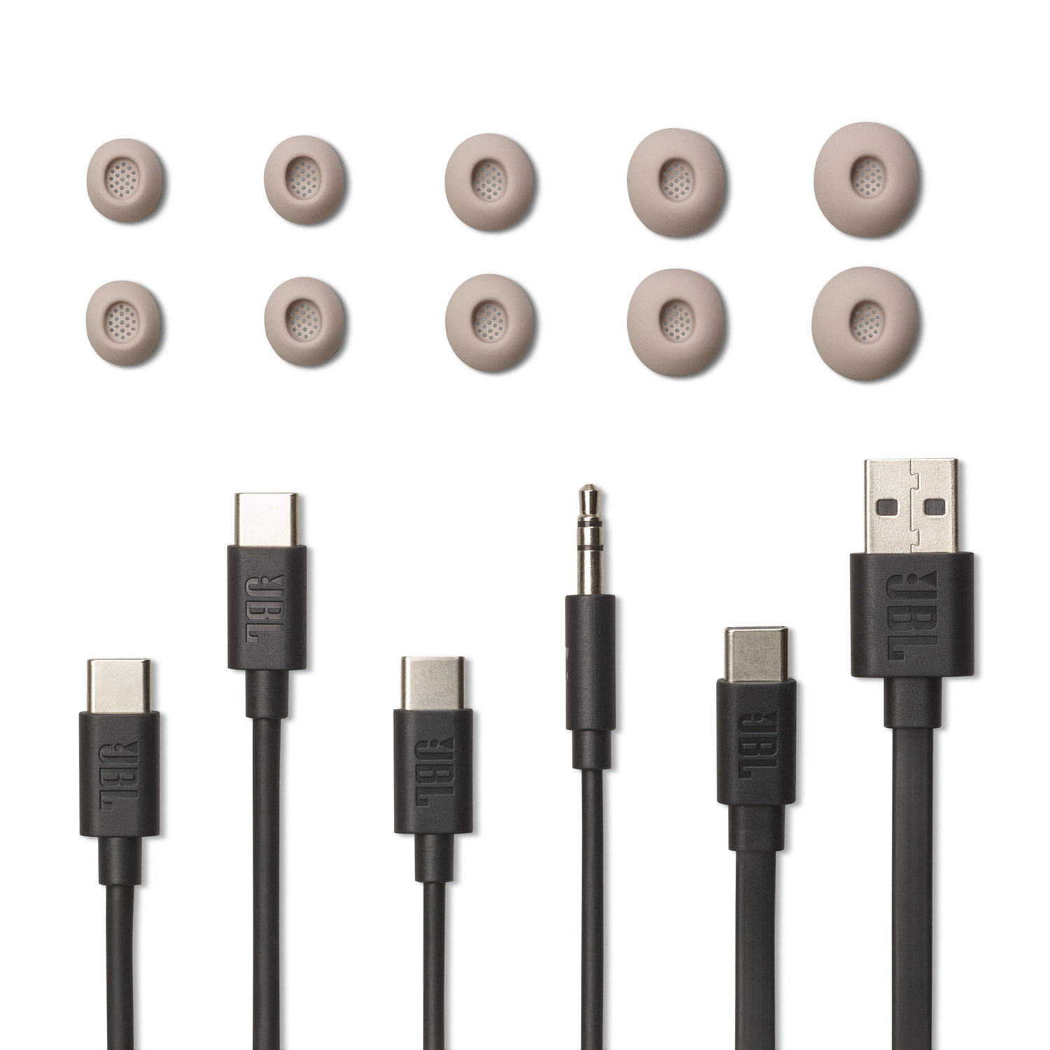 Earbud tips and charging cables. There are various tips and several cables.