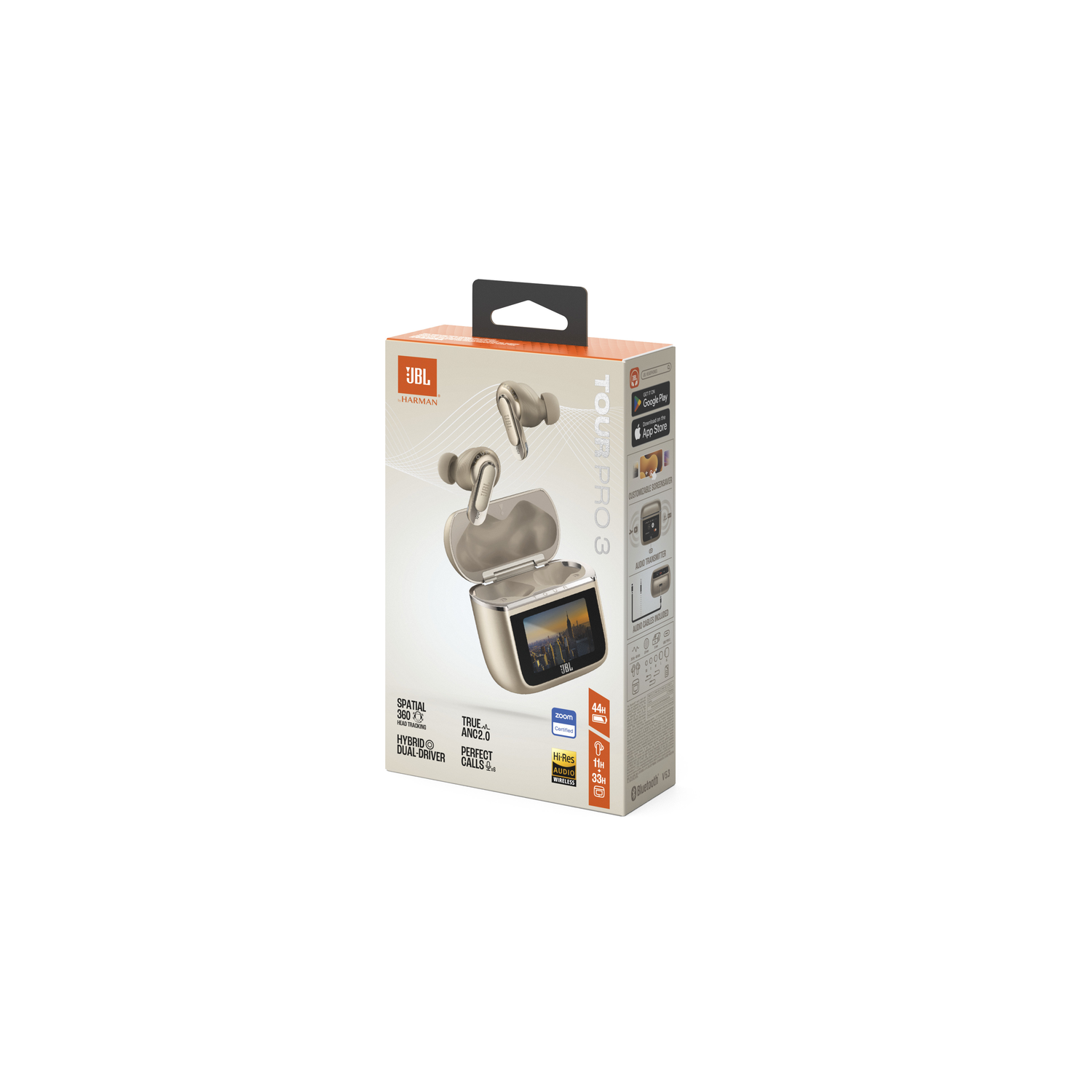 Earbuds box, with a picture of the earbuds and a phone, plus branding and features.