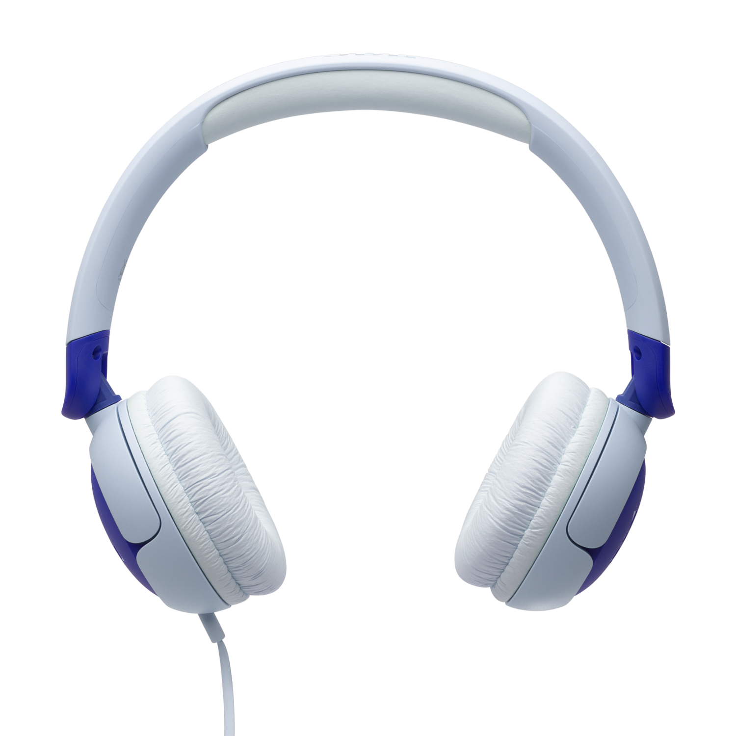 Headphones, light blue, white earcups, dark blue accents, white cable, isolated on black background.
