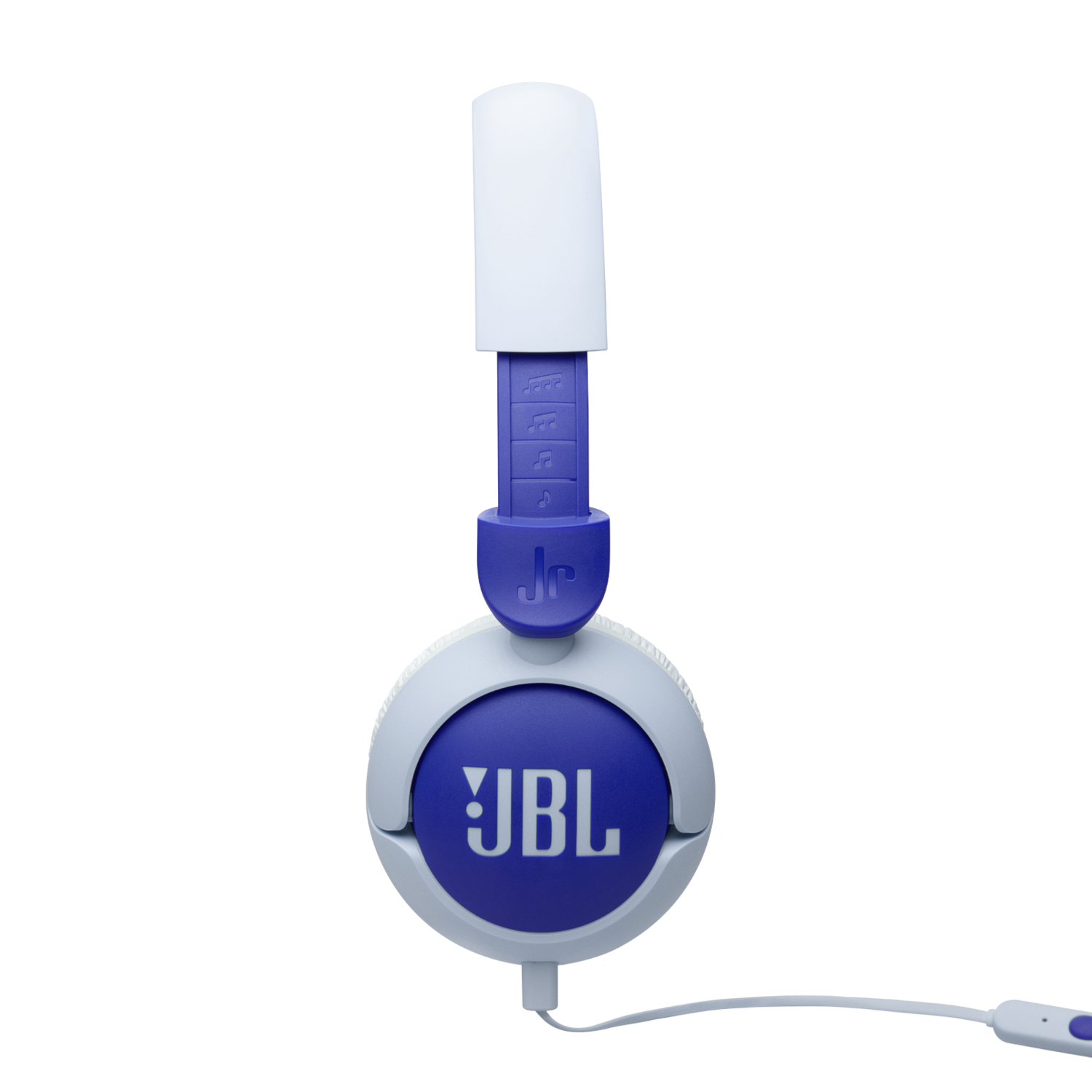 Overhead shot of white and blue JBL headphones, with the JBL logo visible.