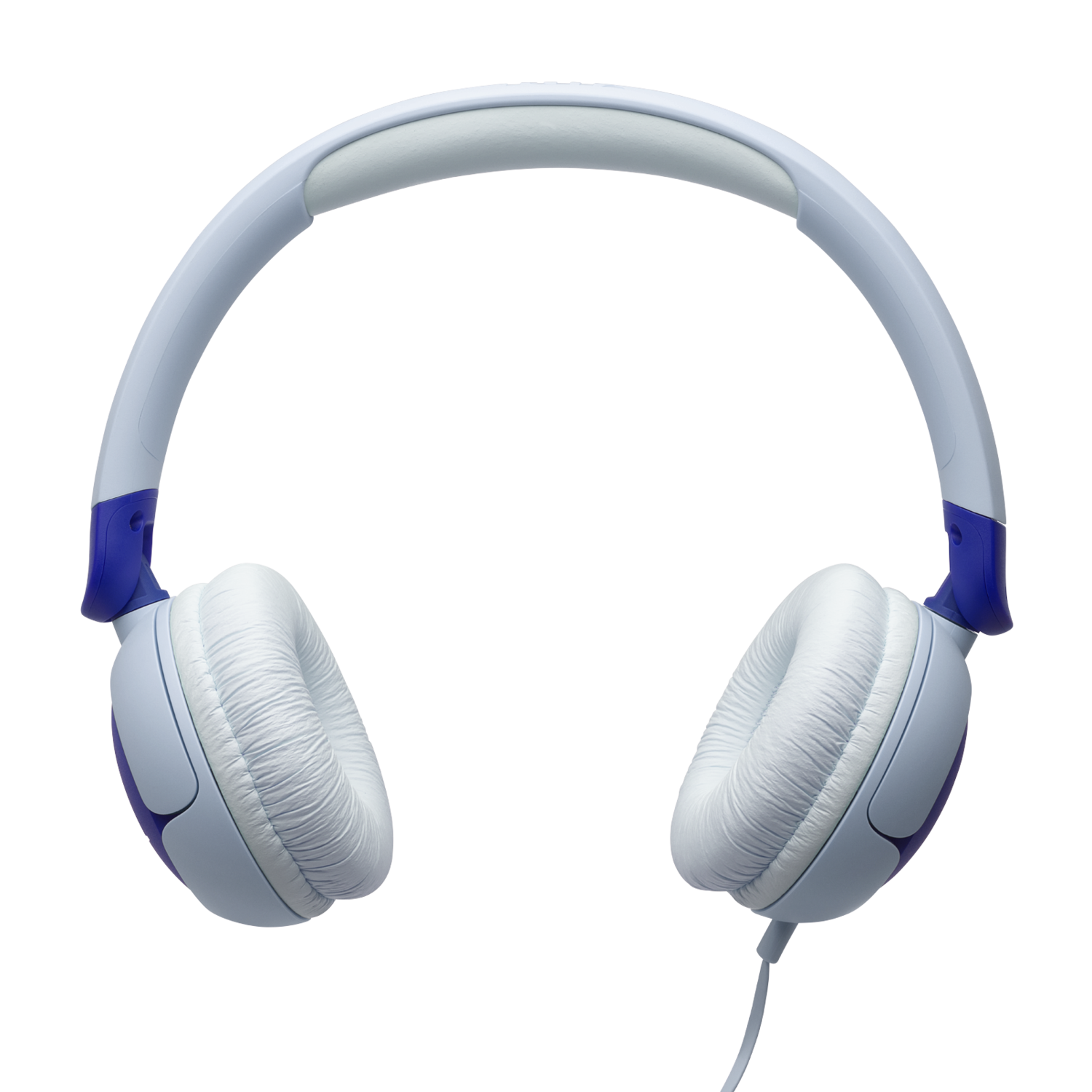 White and blue headphones with a cable. The earcups are round.