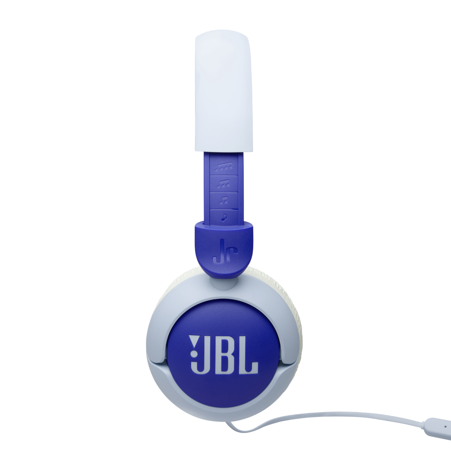 Blue and white JBL headphones, seen from above. Cable is white.