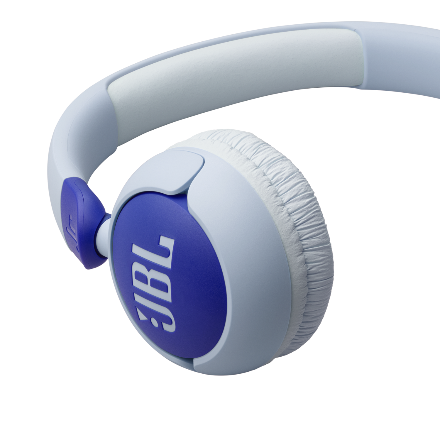 Blue and white JBL headphones with the JBL logo on the ear cups.