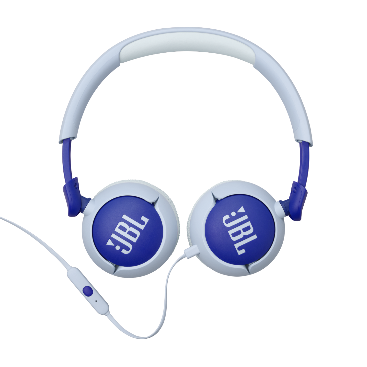 Blue and white JBL headphones with a white cable and a volume control. The background is black.