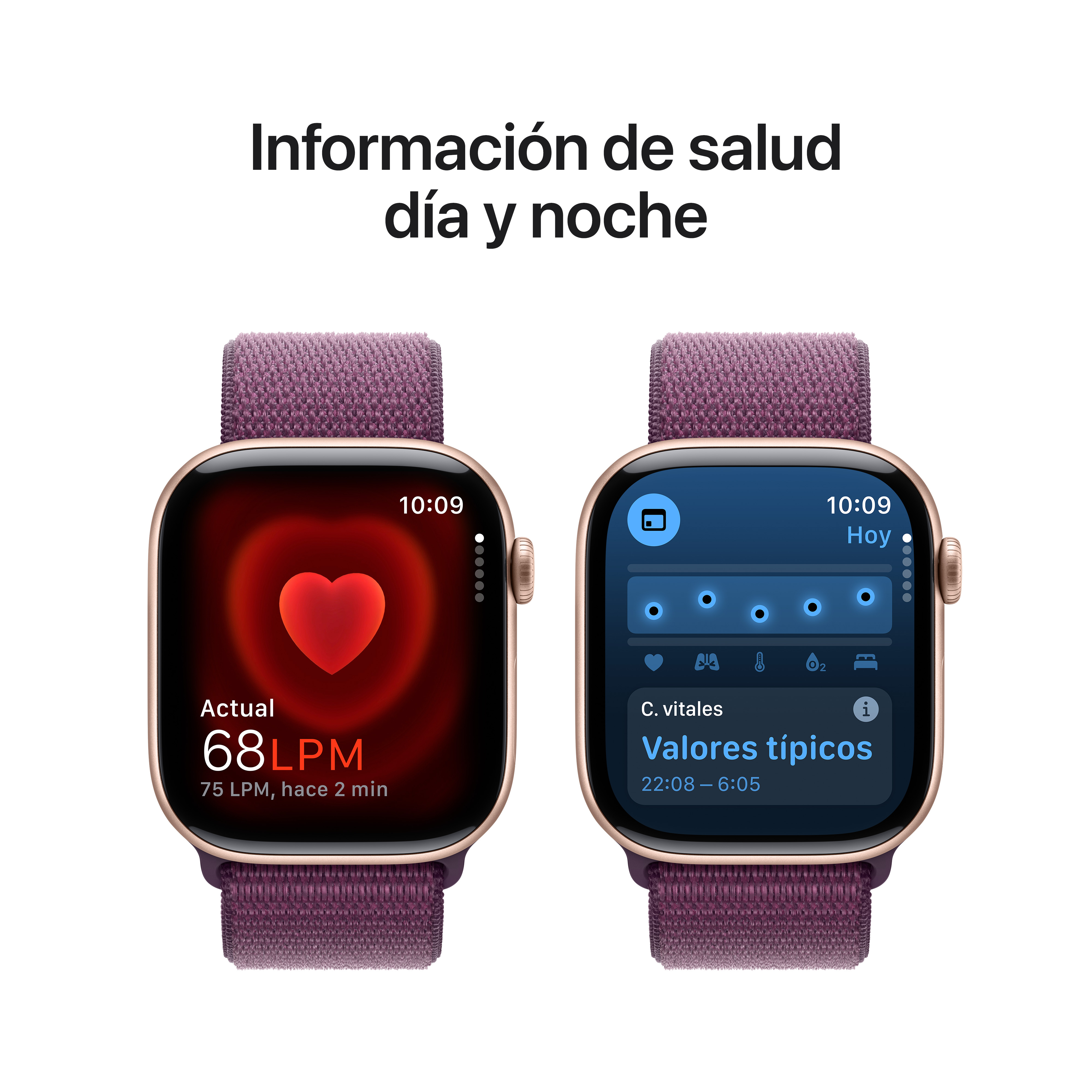 Dos Apple Watches muestran datos de salud: ritmo cardíaco 68, métricas a las 10:09.