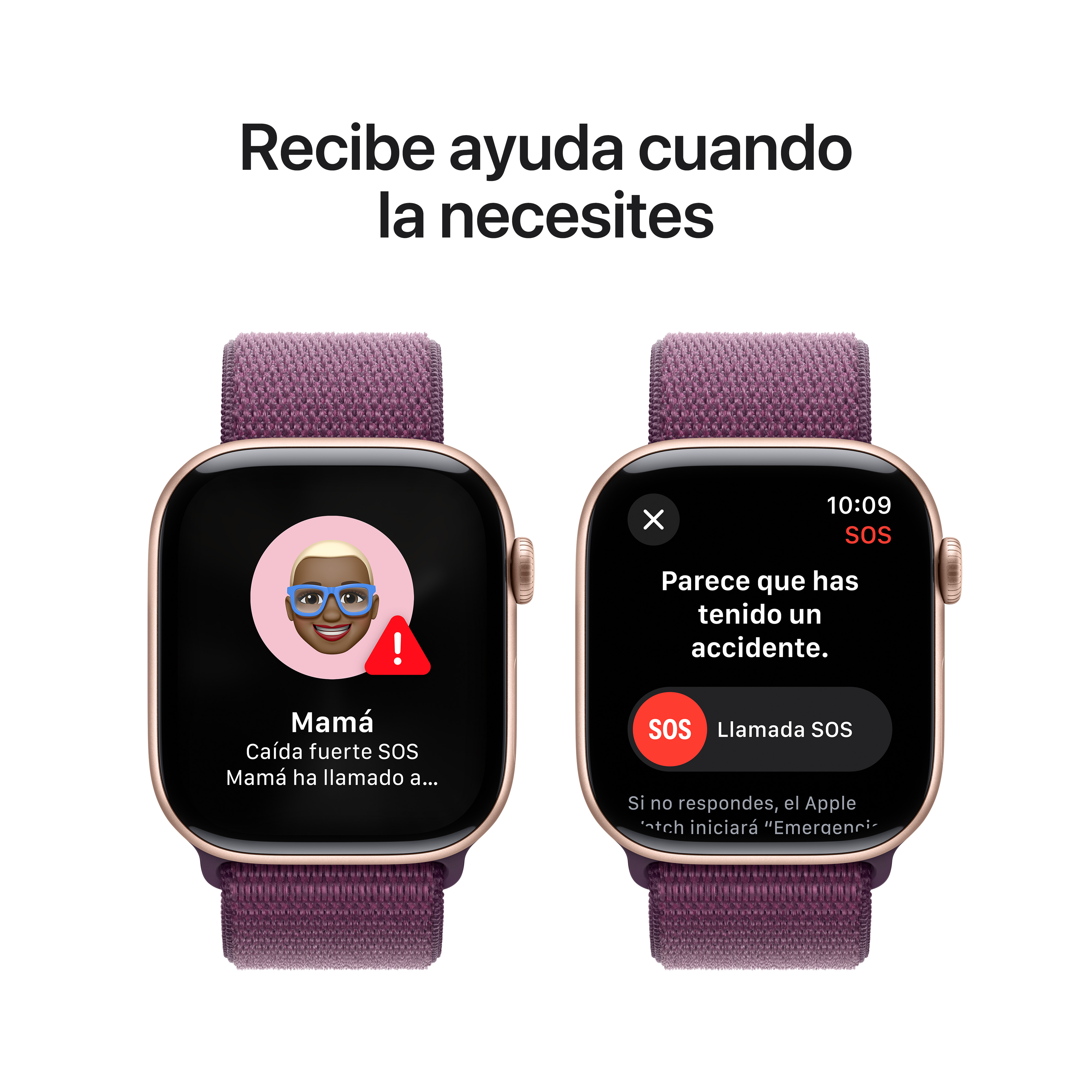 Dos smartwatches mostrando interfaces de usuario, uno con alerta SOS y otro con una llamada.