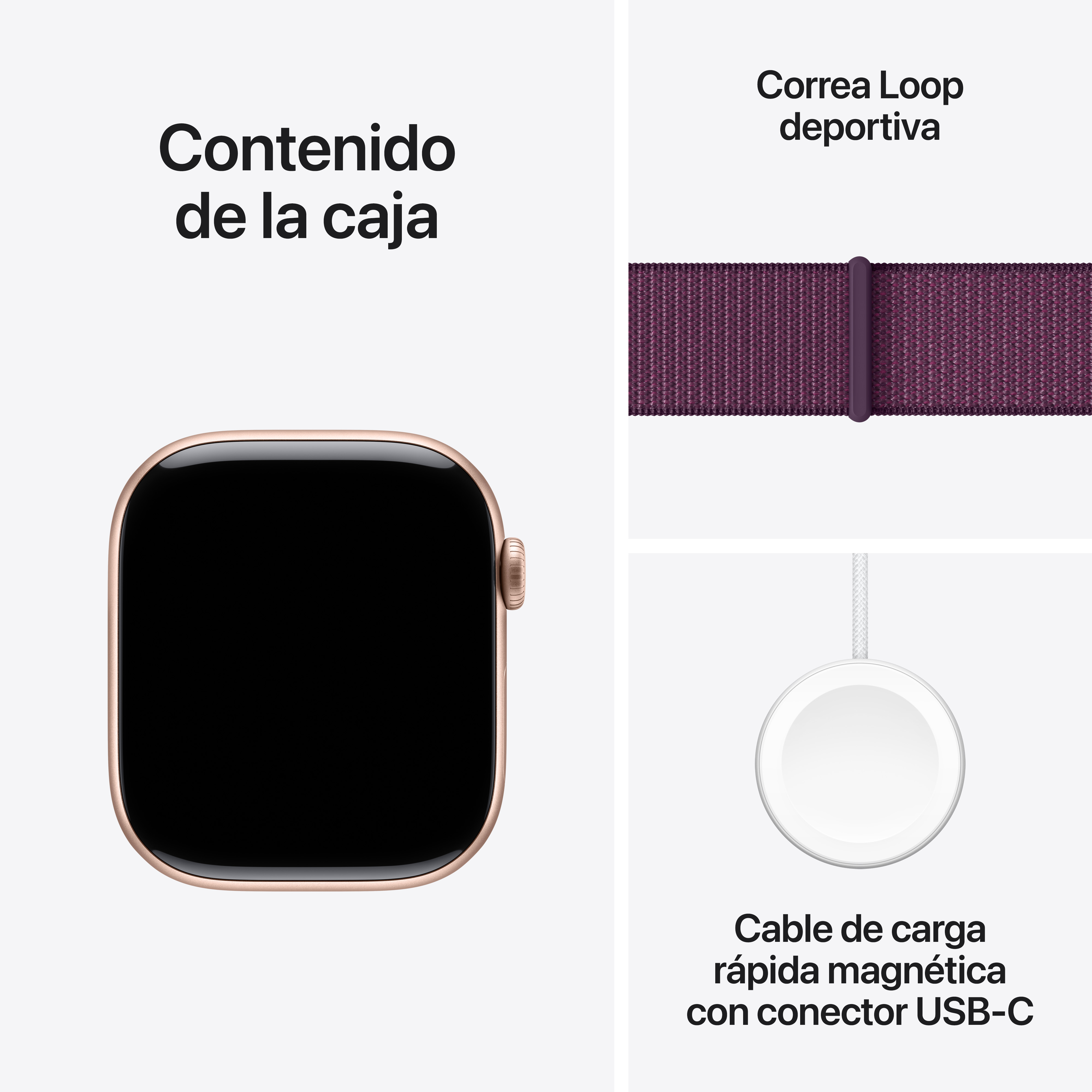 Caja con reloj, correa y cargador. Reloj dorado, correa morada y cargador blanco.