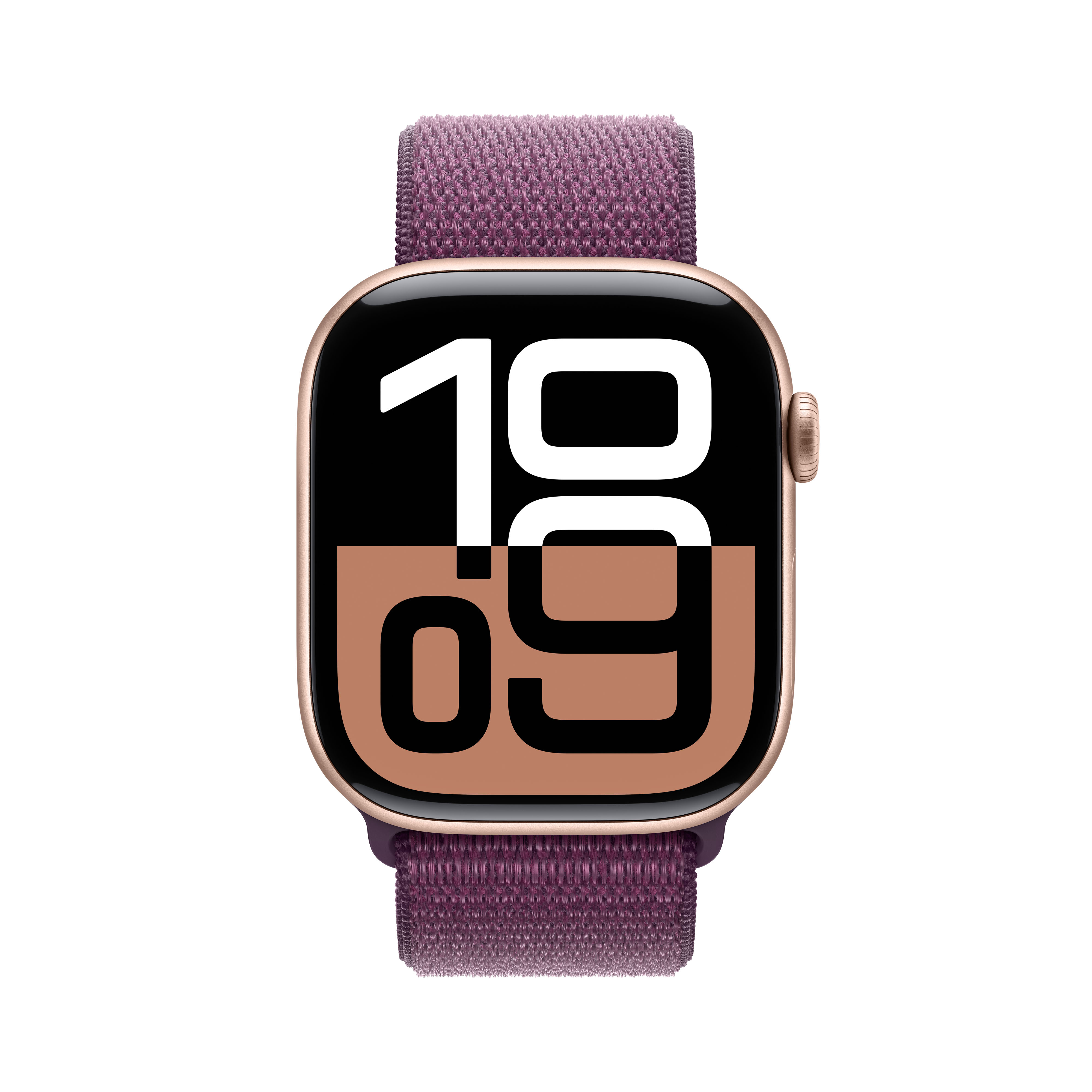 Un Apple Watch oro rosa con correa de tela morada mostrando la hora.