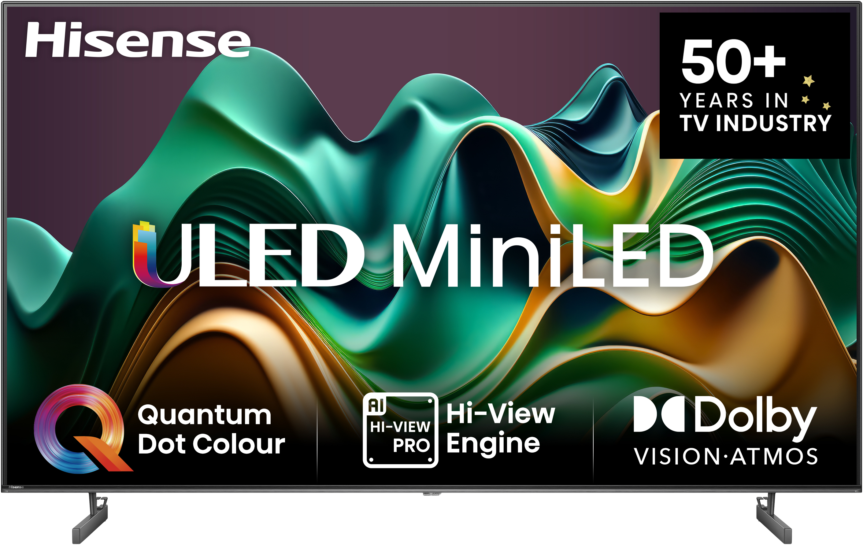 Hisense ULED MiniLED TV. Jellemzők: Quantum Dot Color, AI Hi-View Engine, Dolby Vision és Atmos.