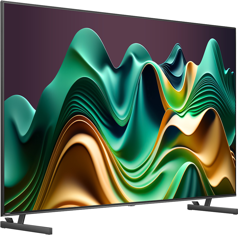 Nagy, modern TV vibráló kijelzővel, absztrakt türkiz és arany hullámokkal sötét háttérben.