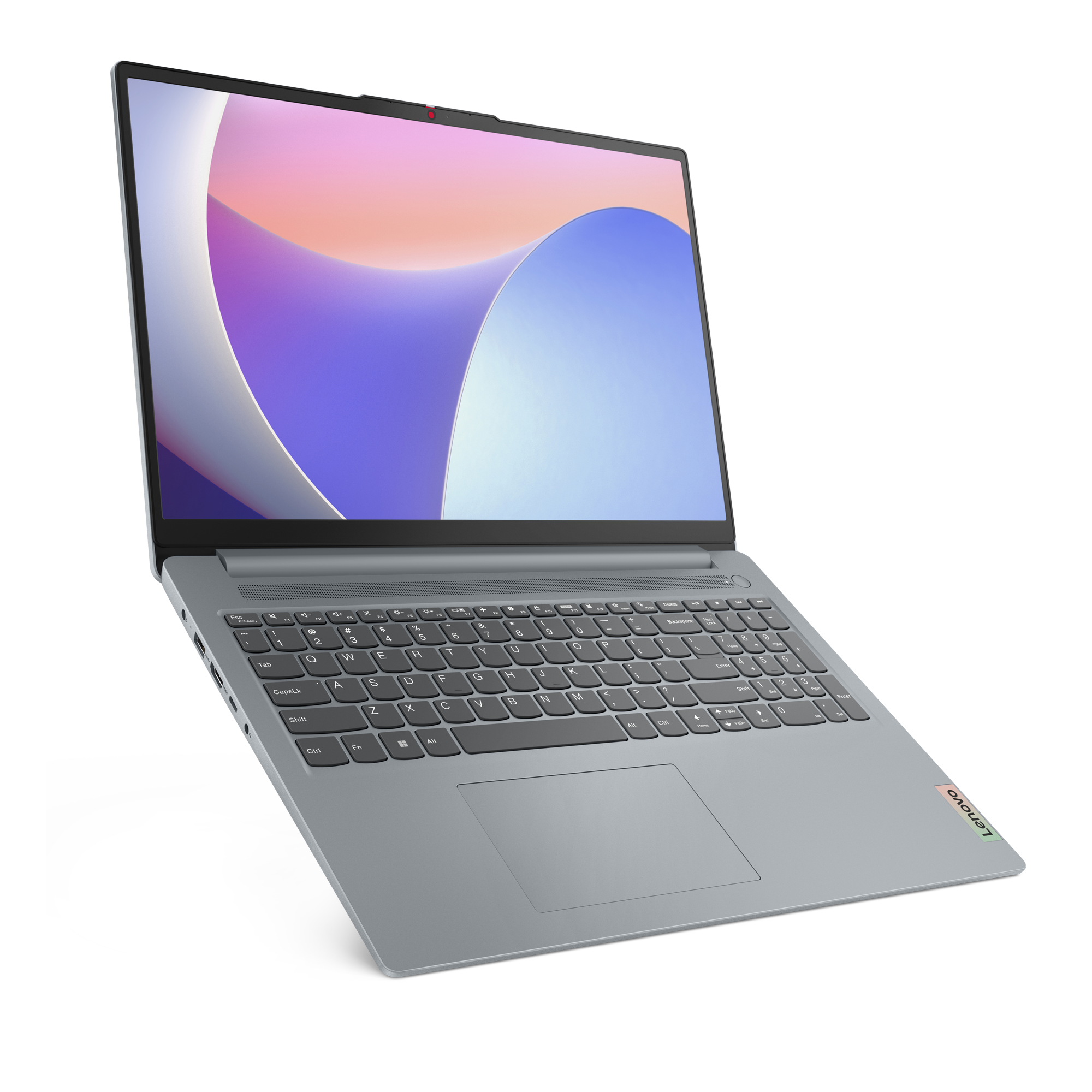 Gümüş renkli bir Lenovo dizüstü bilgisayar, açık, klavye ve ekranı gösteriyor.