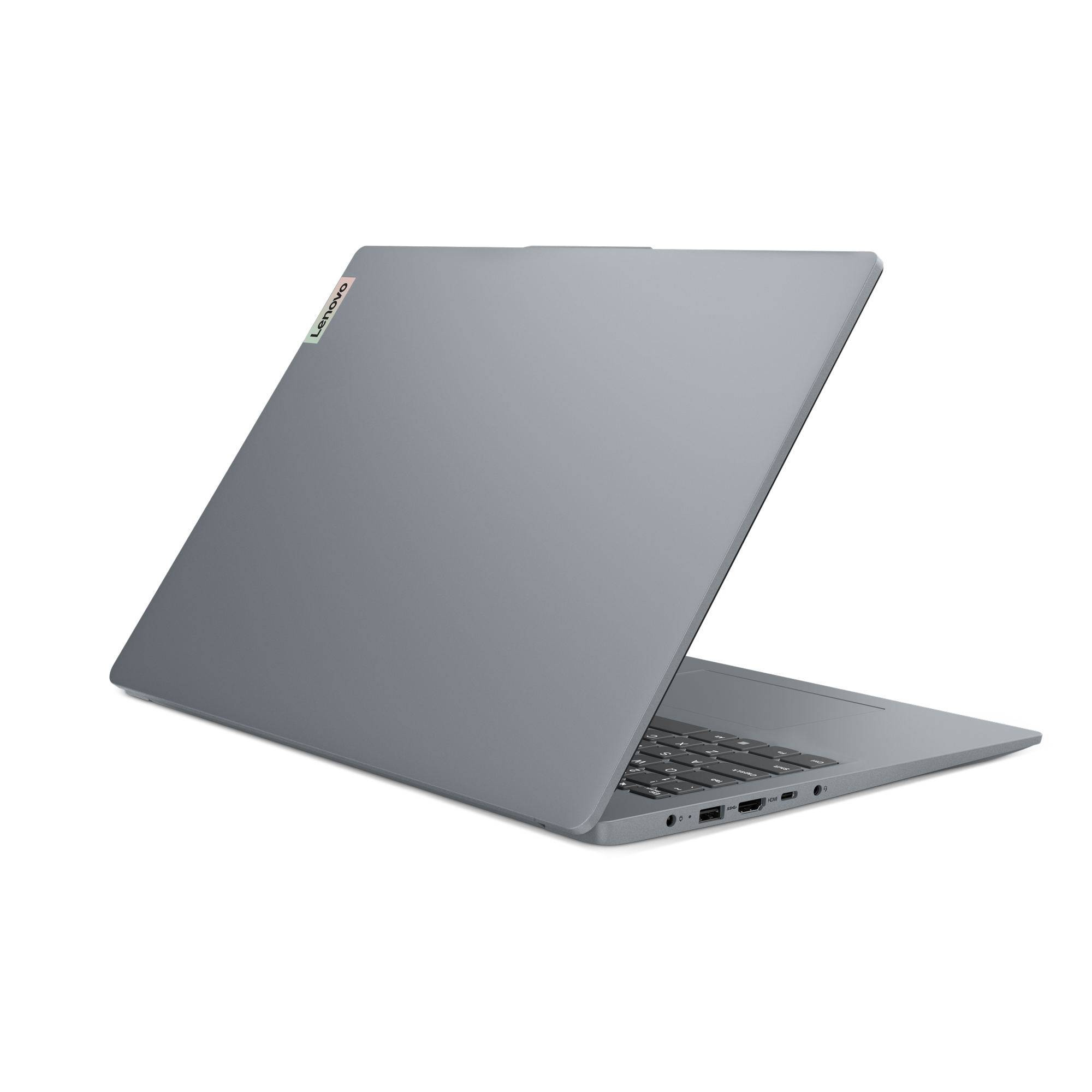 Gri bir Lenovo dizüstü bilgisayar açık, klavyeyi ve ekranın üst kısmını gösteriyor.