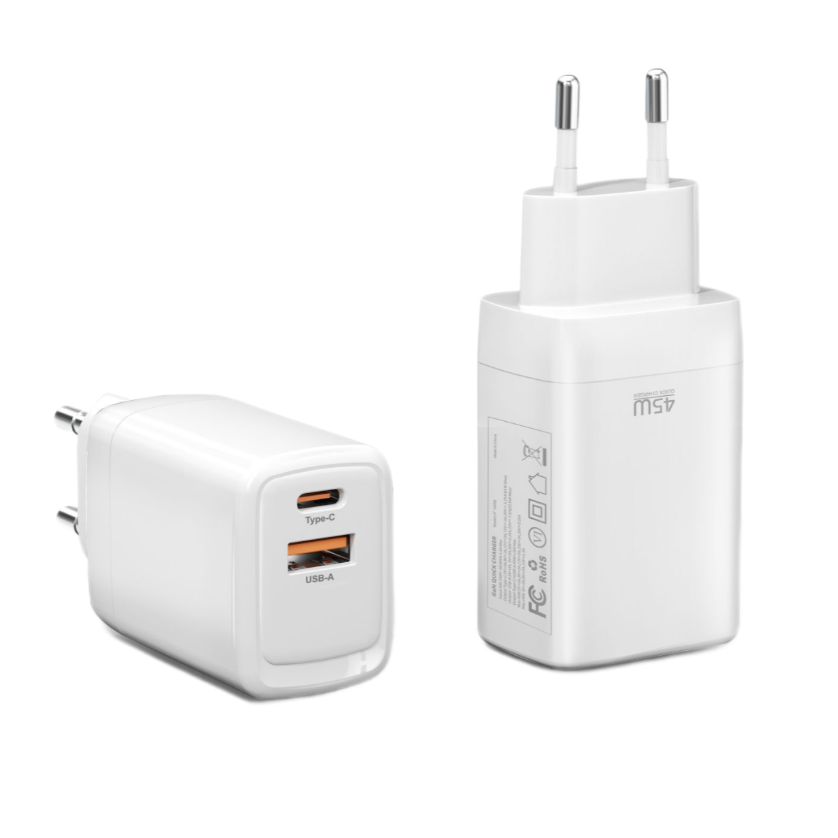 İki beyaz 45W USB şarj cihazı. Birinde USB-C bağlantı noktası, diğerinde USB-A var.