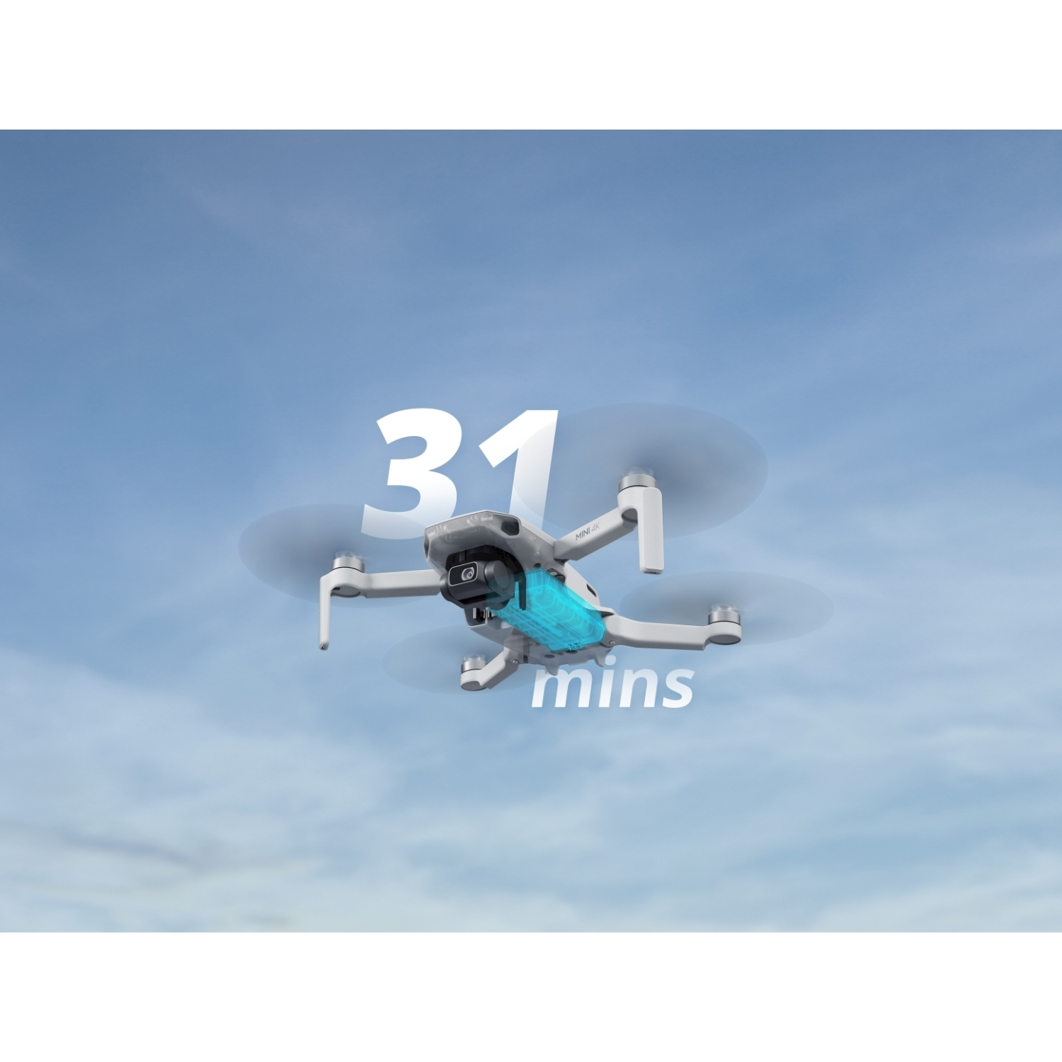 Drone a mezz'aria, con il numero '31' e la parola 'mins' per indicare il tempo di volo.