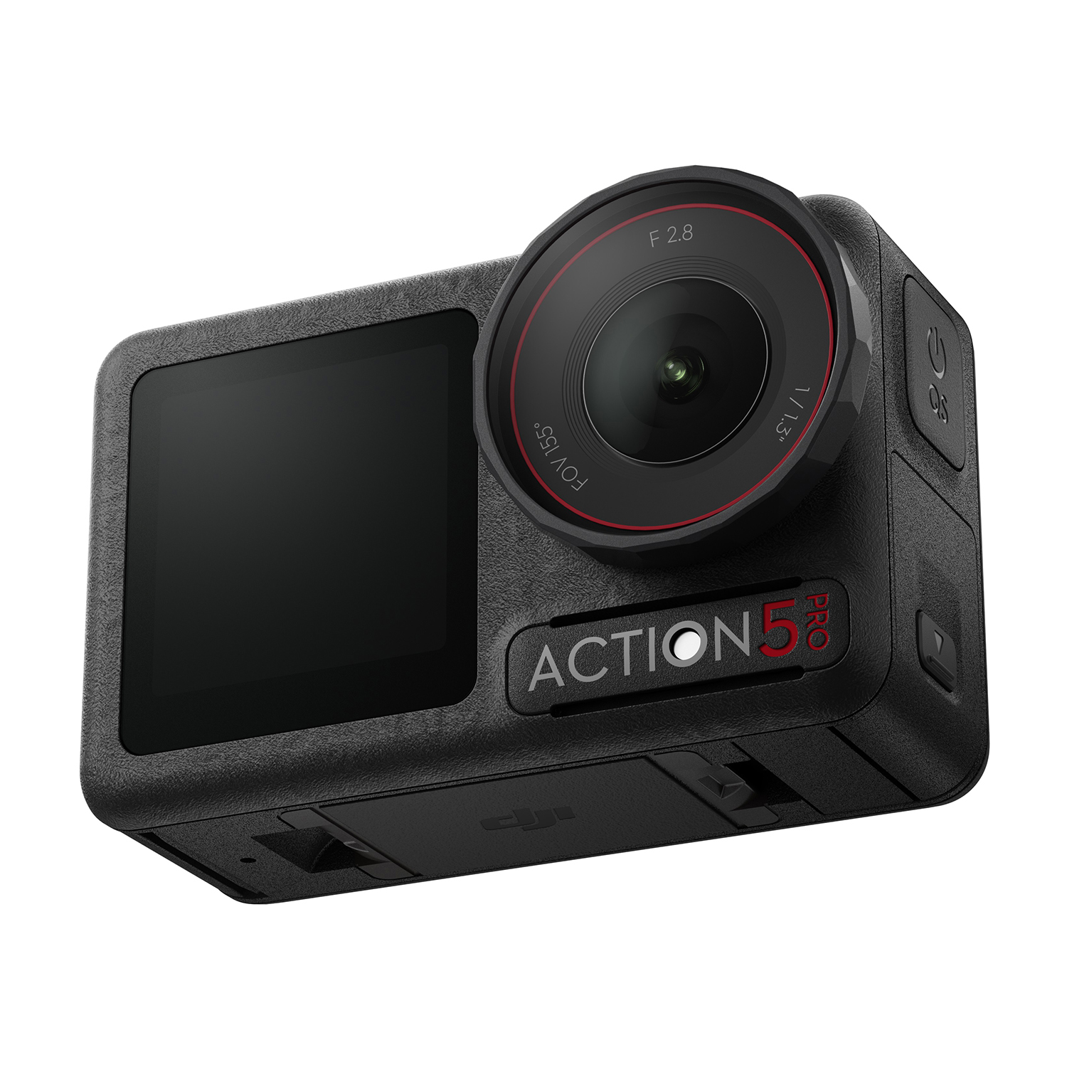 Action camera nera con obiettivo, schermo e la scritta 'ACTION 58'.