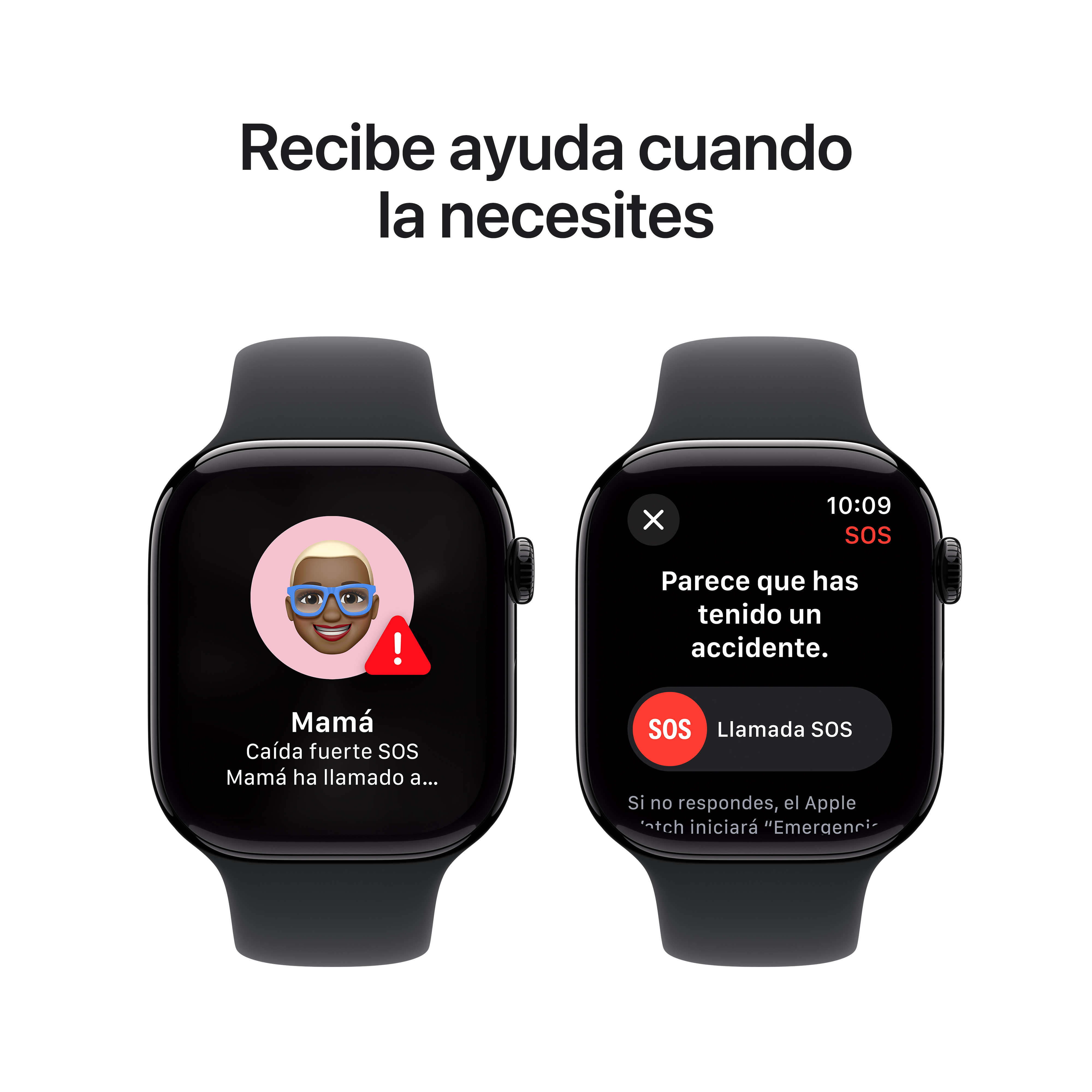 Dos smartwatches mostrando alertas SOS de emergencia en español, con texto.