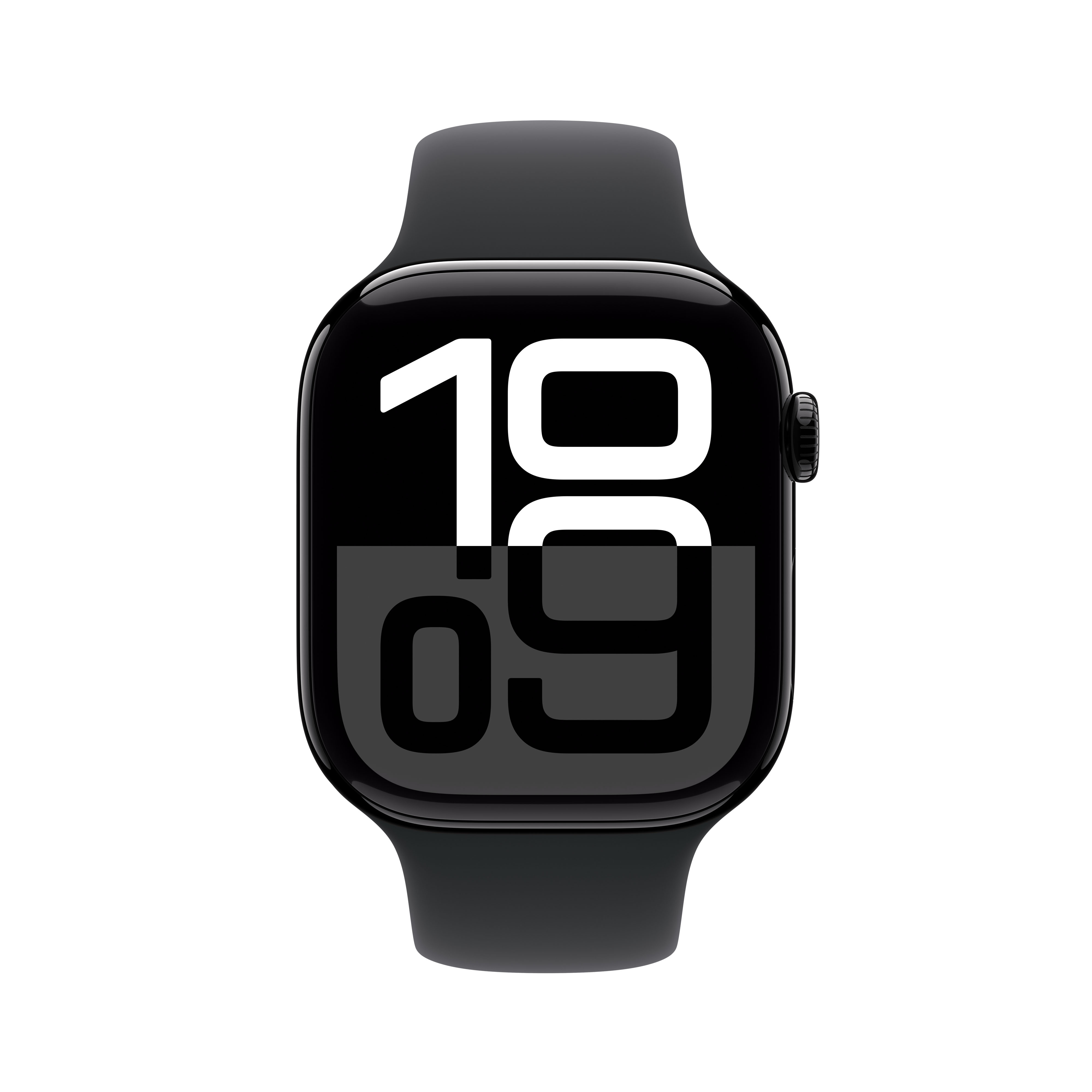 Apple Watch negra con pantalla negra mostrando la hora, sobre una superficie blanca.