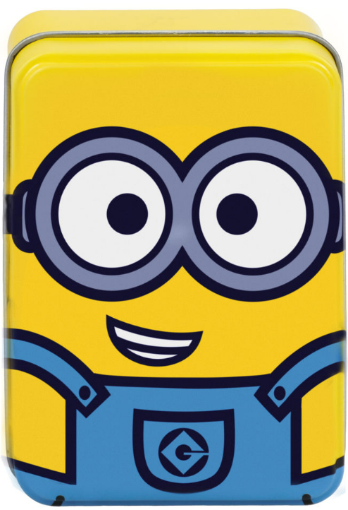 Gelbe Minion-Blechdose, die mit blauen Overalls lächelt.