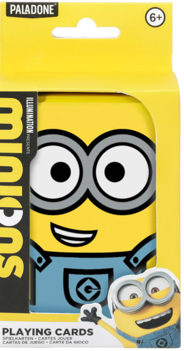 Minions-Spielkartenbox. Gelbe Box mit Minion-Charakteren. Der Hintergrund ist weiß.
