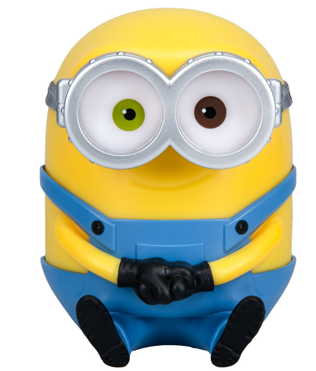 Ein gelbes Minion-Spielzeug mit großen Augen, blauen Latzhosen und einem Lächeln.