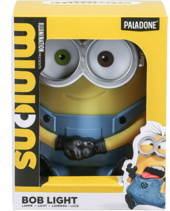 Eine gelbe Minion Bob-Leuchte in einer Box, mit einem Minion-Cartoon-Bild und Produktinfo.