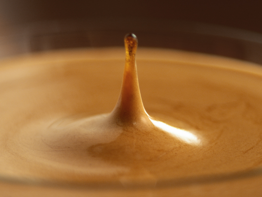 Gros plan d'une goutte de café. Une goutte est suspendue au-dessus de la surface. Liquide brun.