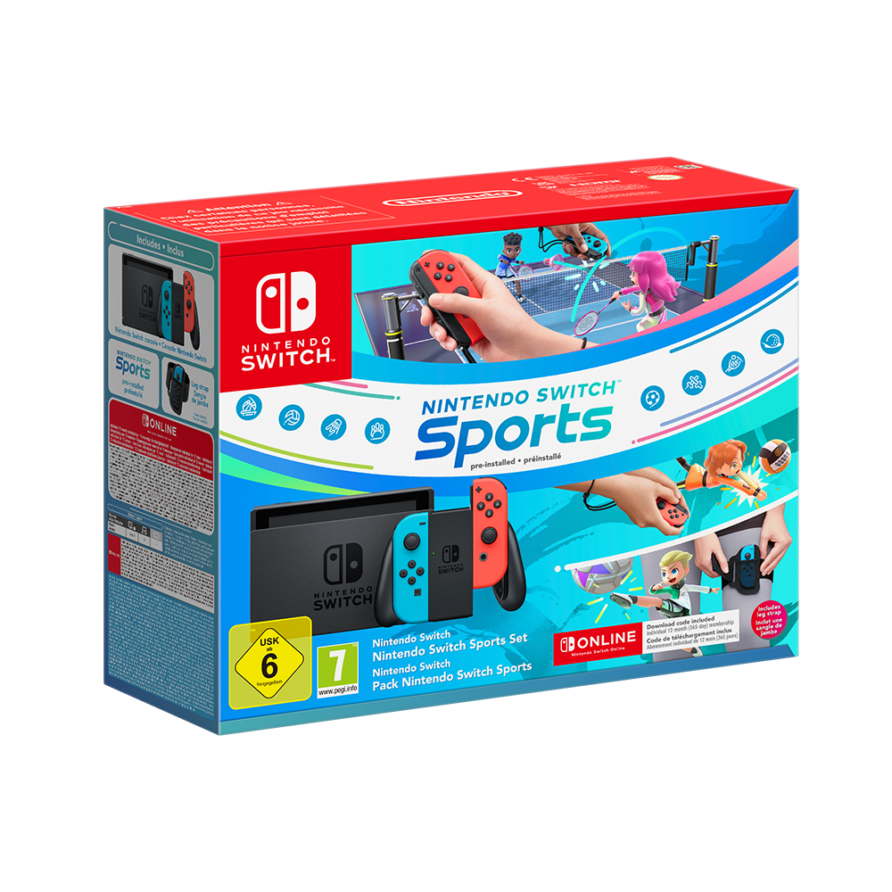Caja del juego Nintendo Switch Sports. Incluye juego, consola y mandos. Gráficos y texto coloridos.