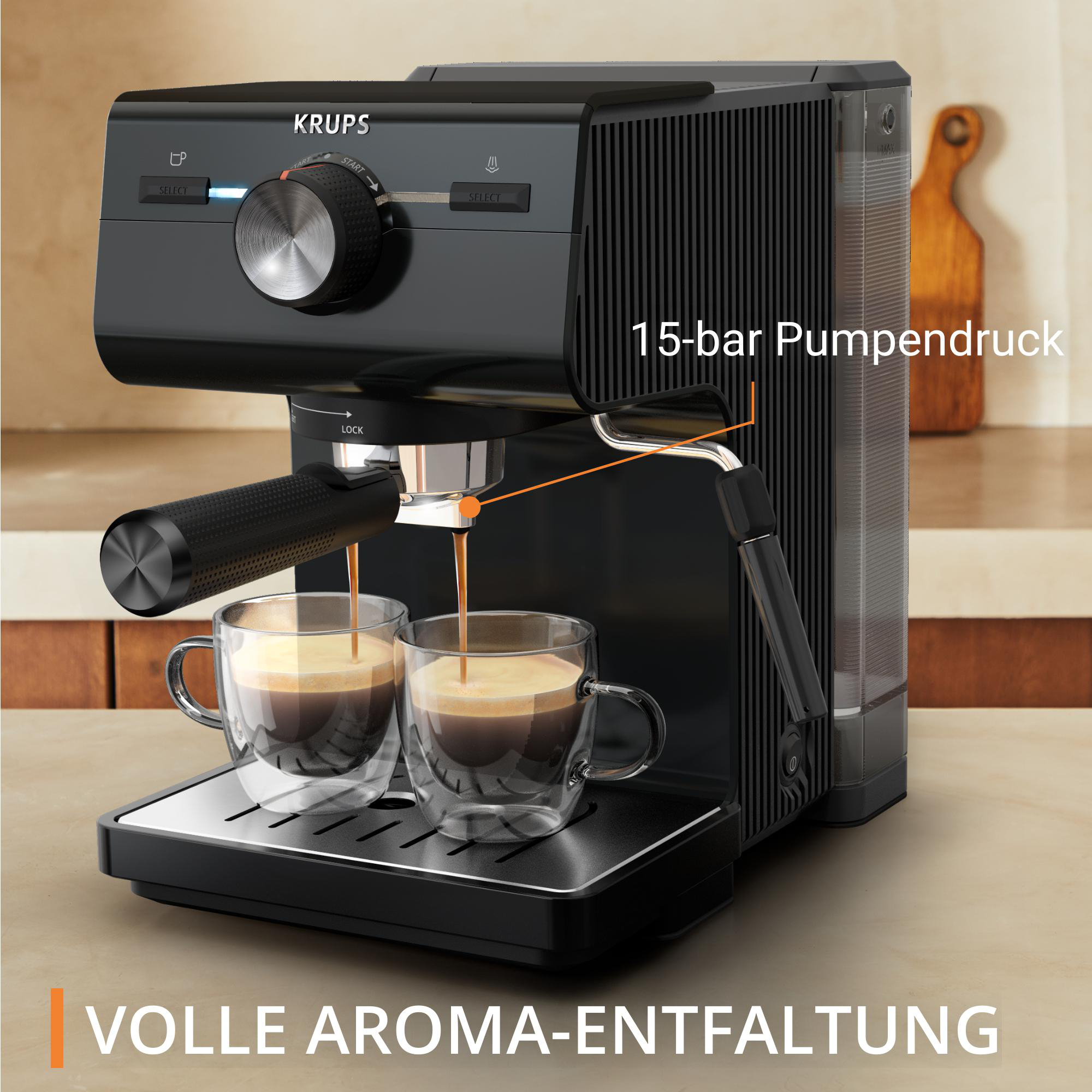 Schwarze Espressomaschine mit zwei Gläsern, die mit Kaffee gefüllt werden.