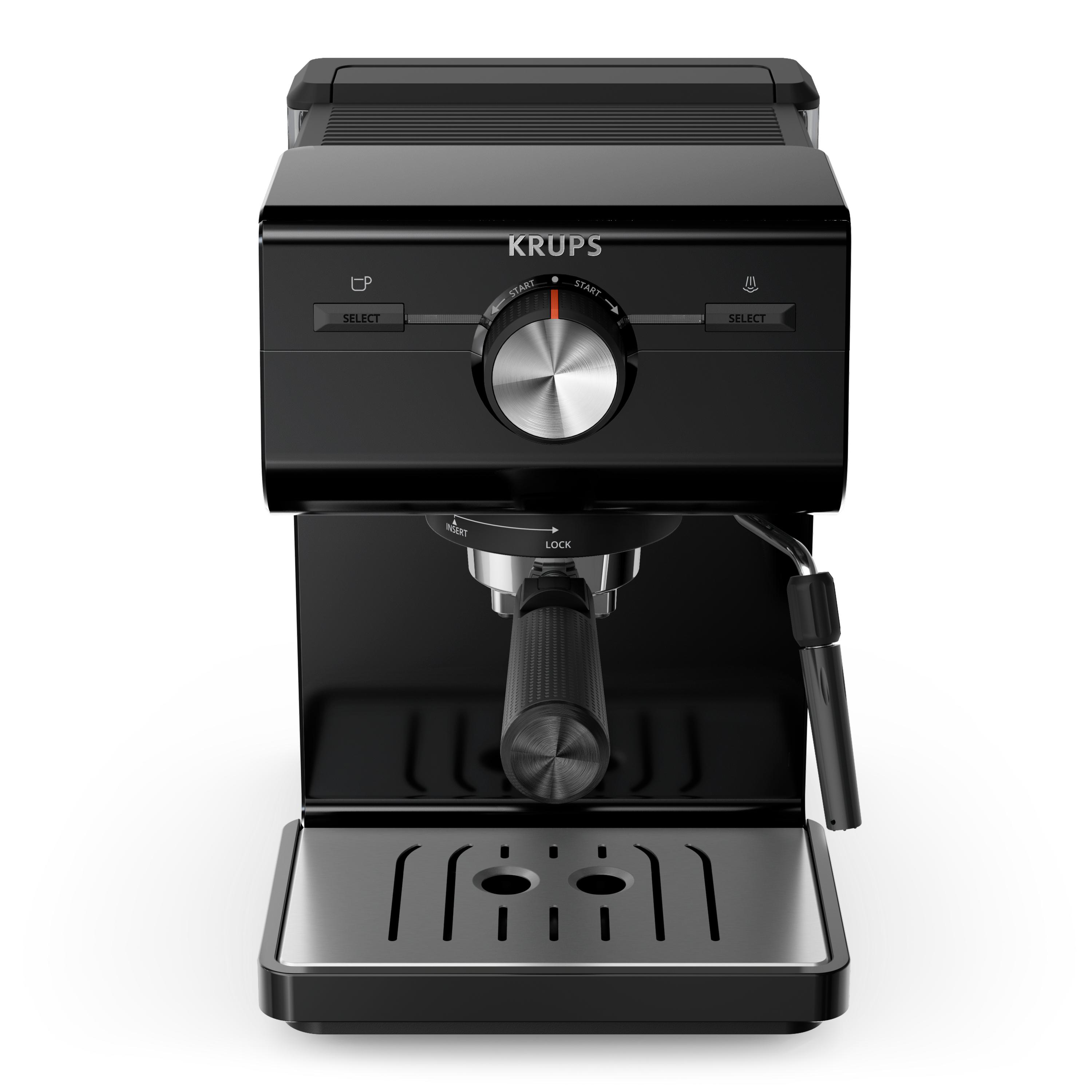 Schwarze Krups Espressomaschine, Vorderansicht, silberne Abtropfschale und Bedienelemente auf weißem Hintergrund.