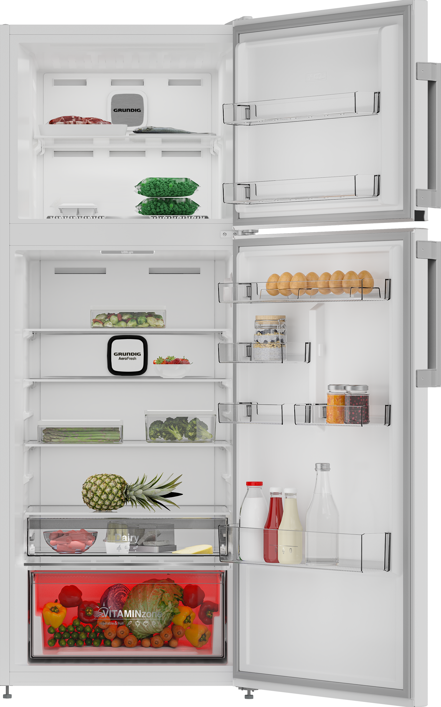 Açık beyaz Grundig buzdolabı iç görünümü. Yiyecekler ve raflar görünür durumda.