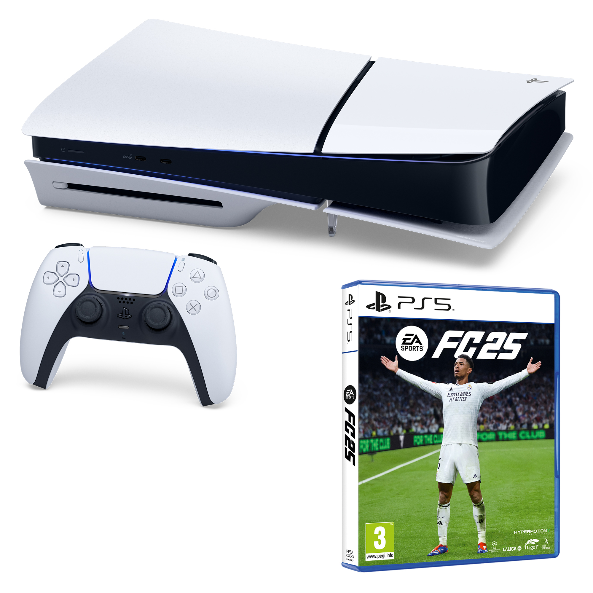 Una consola PS5, un controlador y una caja de juego. La caja de juego muestra a un jugador de fútbol con uniforme blanco.