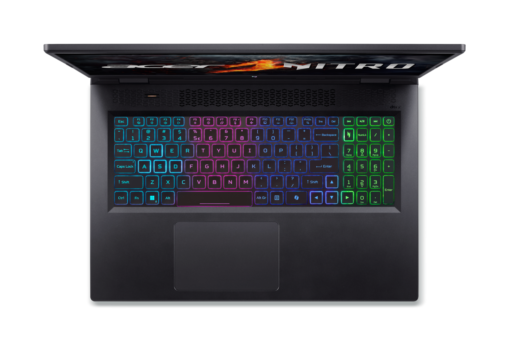 Widok z góry na czarnego laptopa Acer Nitro. Klawiatura ma kolorowe klawisze. Ekran jest otwarty.