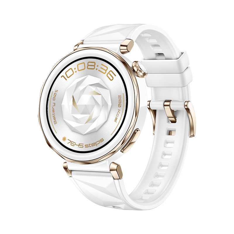 Smartwatch blanca con detalles dorados, mostrando hora y pasos, sobre fondo negro.