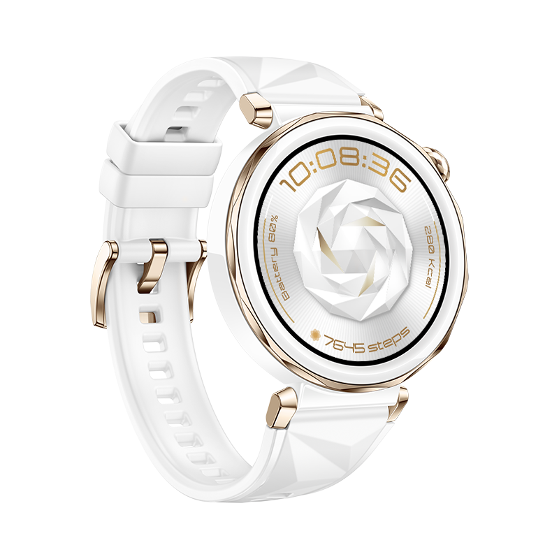 Un smartwatch blanco y dorado con esfera redonda y correa blanca, sobre un fondo negro.