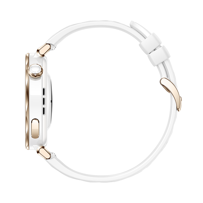 Apple Watch blanca con detalles dorados, vista lateral, con correa blanca, sobre fondo negro.